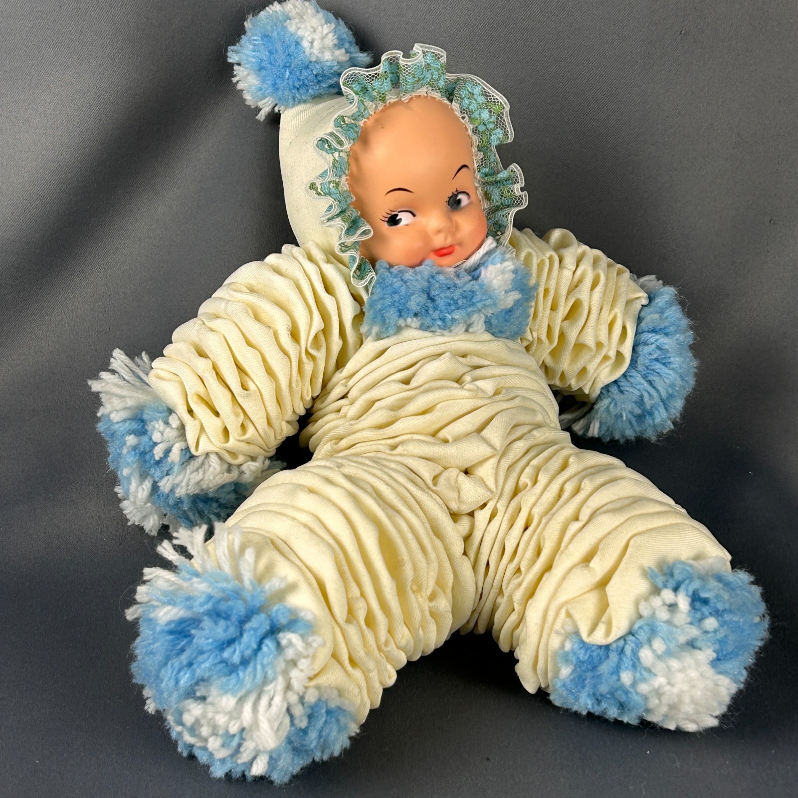 Vintage Handmade Ivory & Blue Yo Yo Fabric Collectible Girl Doll