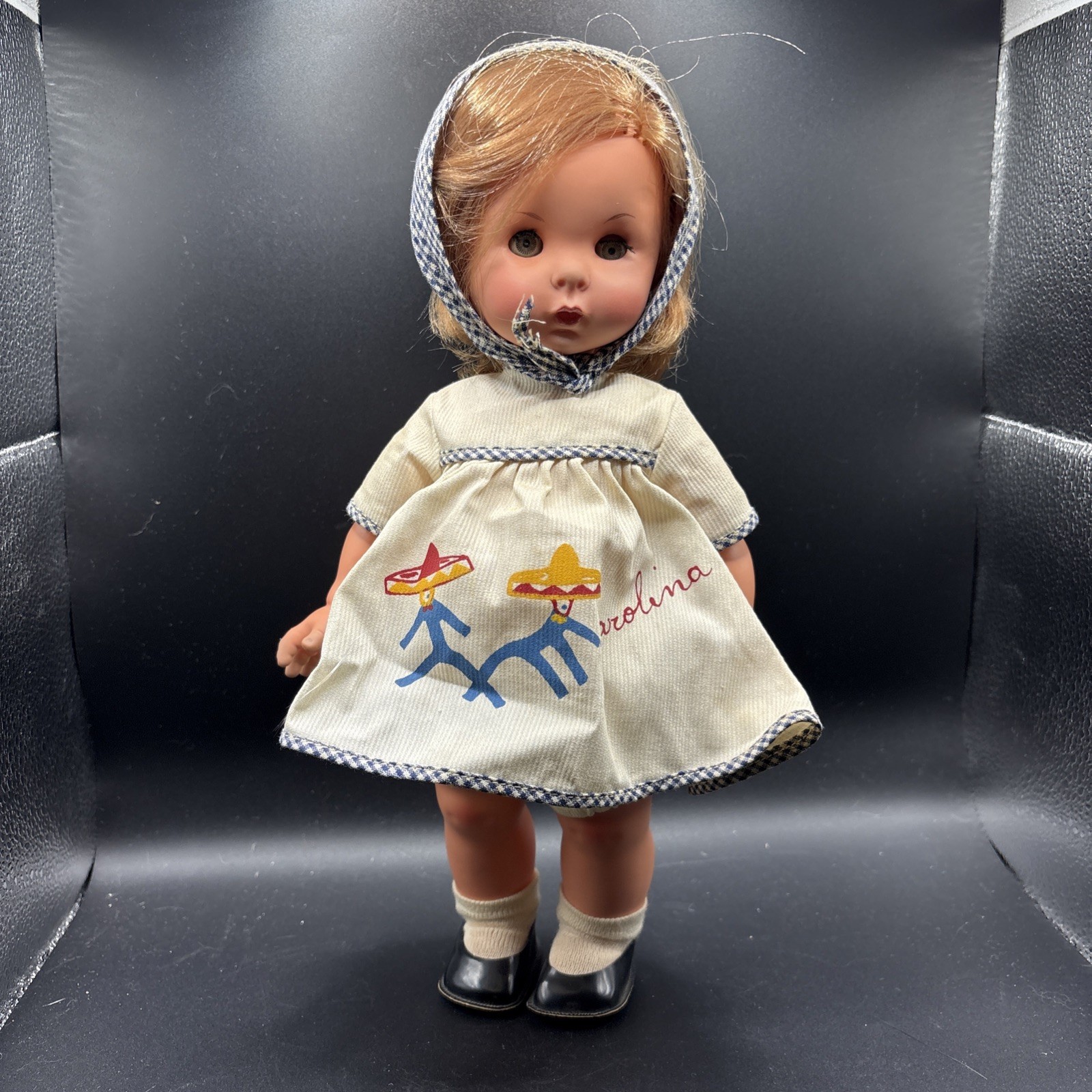 1961 Furga Carolina From Italy. 13 Inches Tall. Colorful Dress W/ Black Shoes