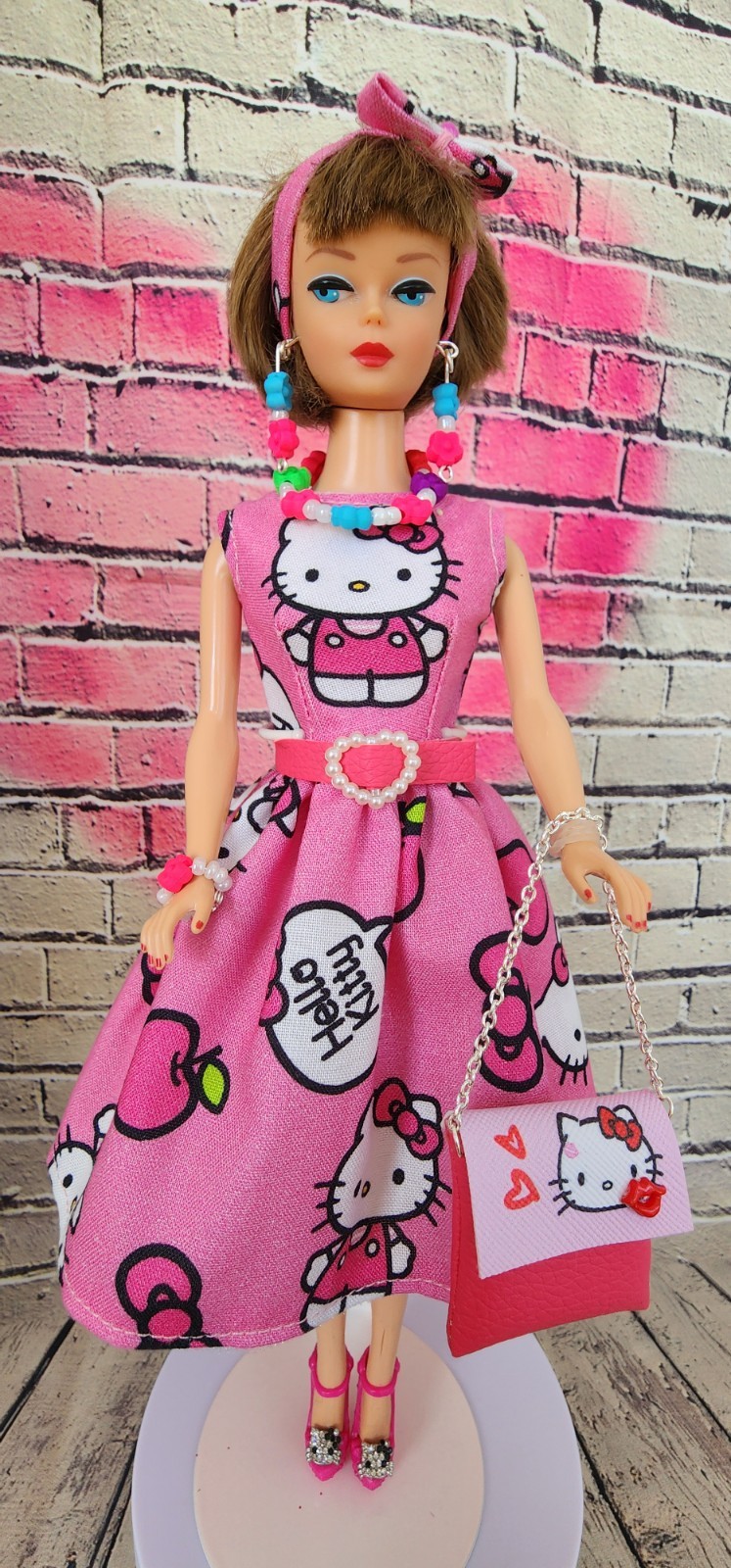 HANDMADE FOR BARBIE DOLL CLOTHES VALENTINE DAY HELLO KITTY PRINT DRESS SET