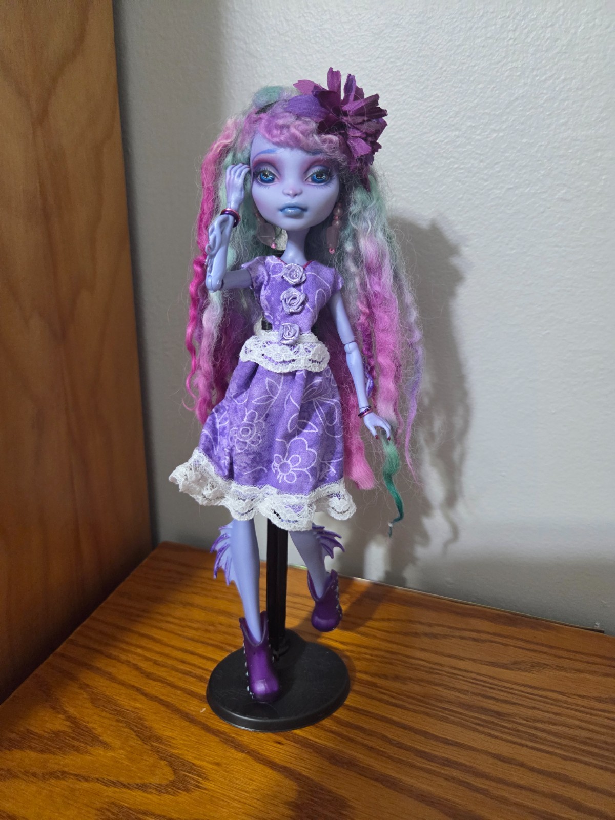Monster High Doll Custom Repaint Reroot OOAK Sea Monster Art Doll with Stand