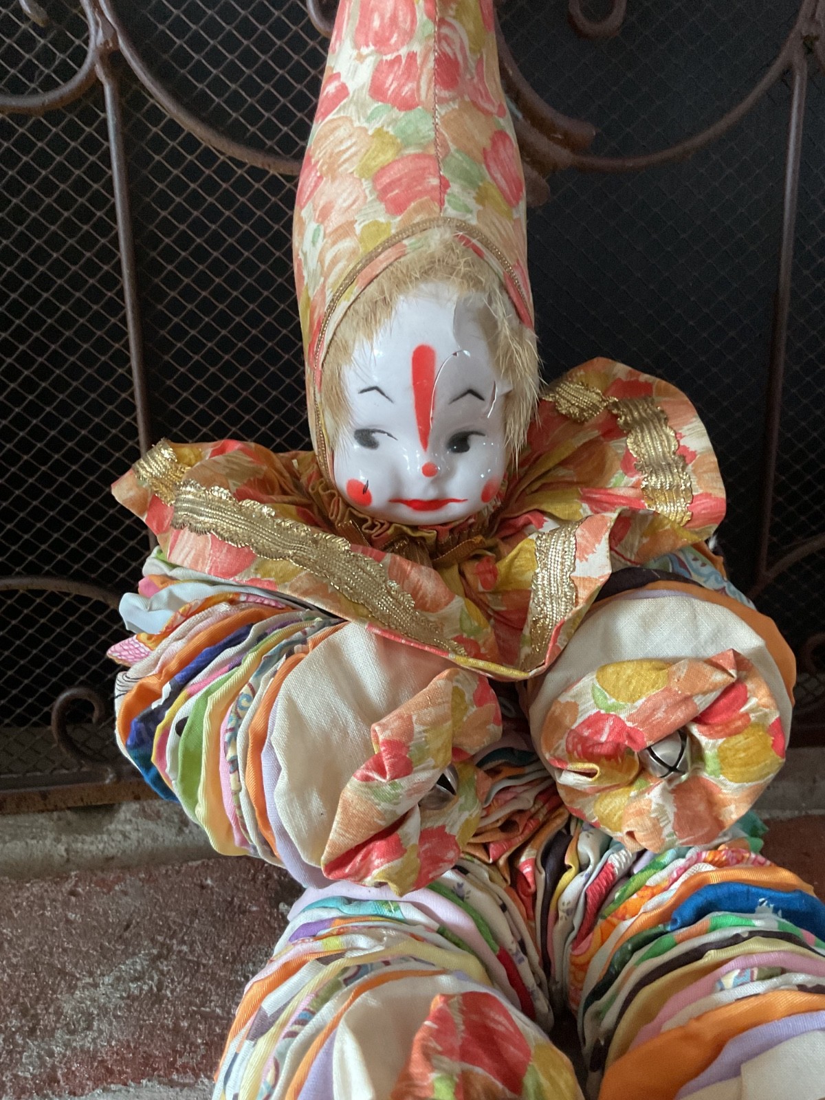 Vintage Yo-Yo Clown Pixie Elf Doll Peach Circles Fabric Plastic Face Flaw