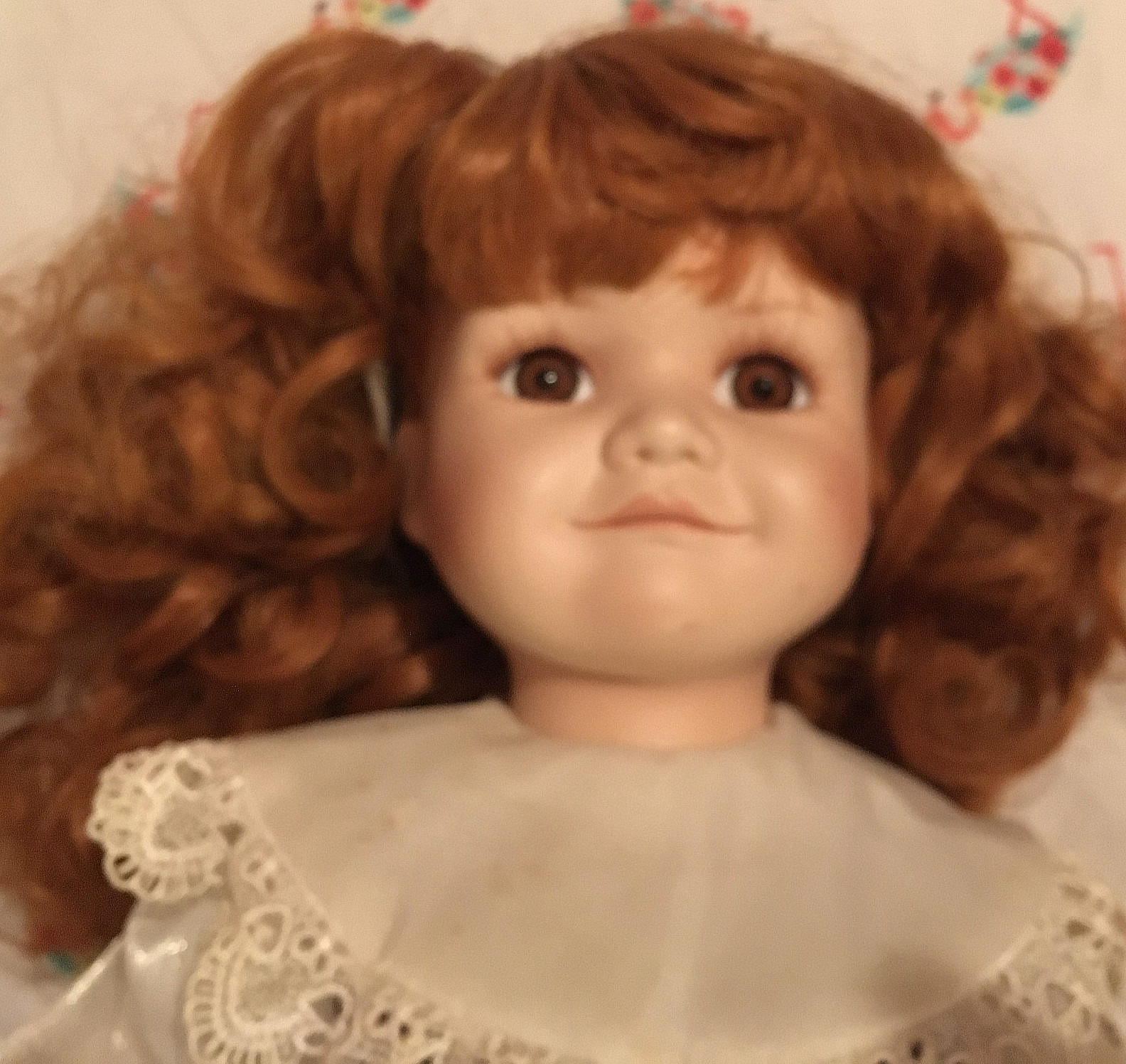 21-in porcelain/cloth William Tung doll, redhead, no damage, with stand, NO BOX