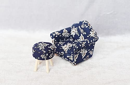 Miniature 1:12 Scale Blue Round Upholstered Wooden Dollhouse Stool Decor