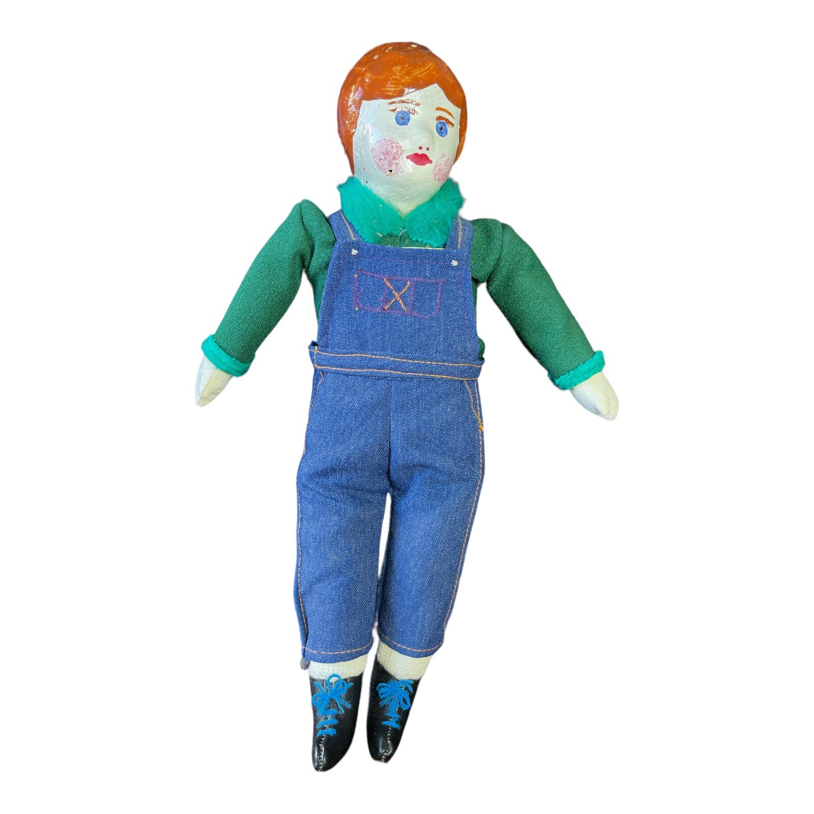 Folk Art Doll Vintage Homemade 12.5″ Paper Mâché Girl Red Head Hand Painted