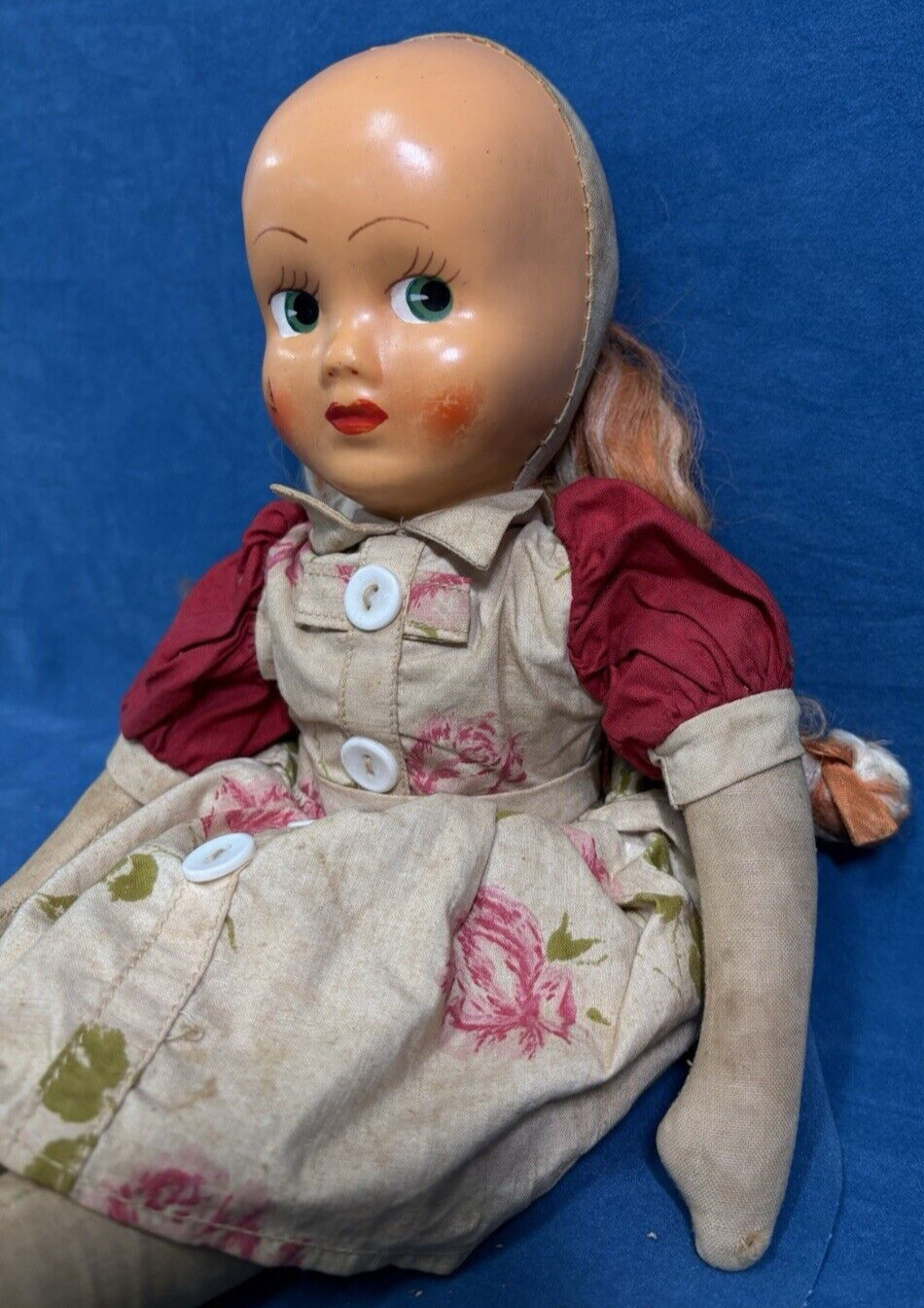 Vintage Plastic Hand Painted Face & Cloth Sawdust Fabric Body Doll