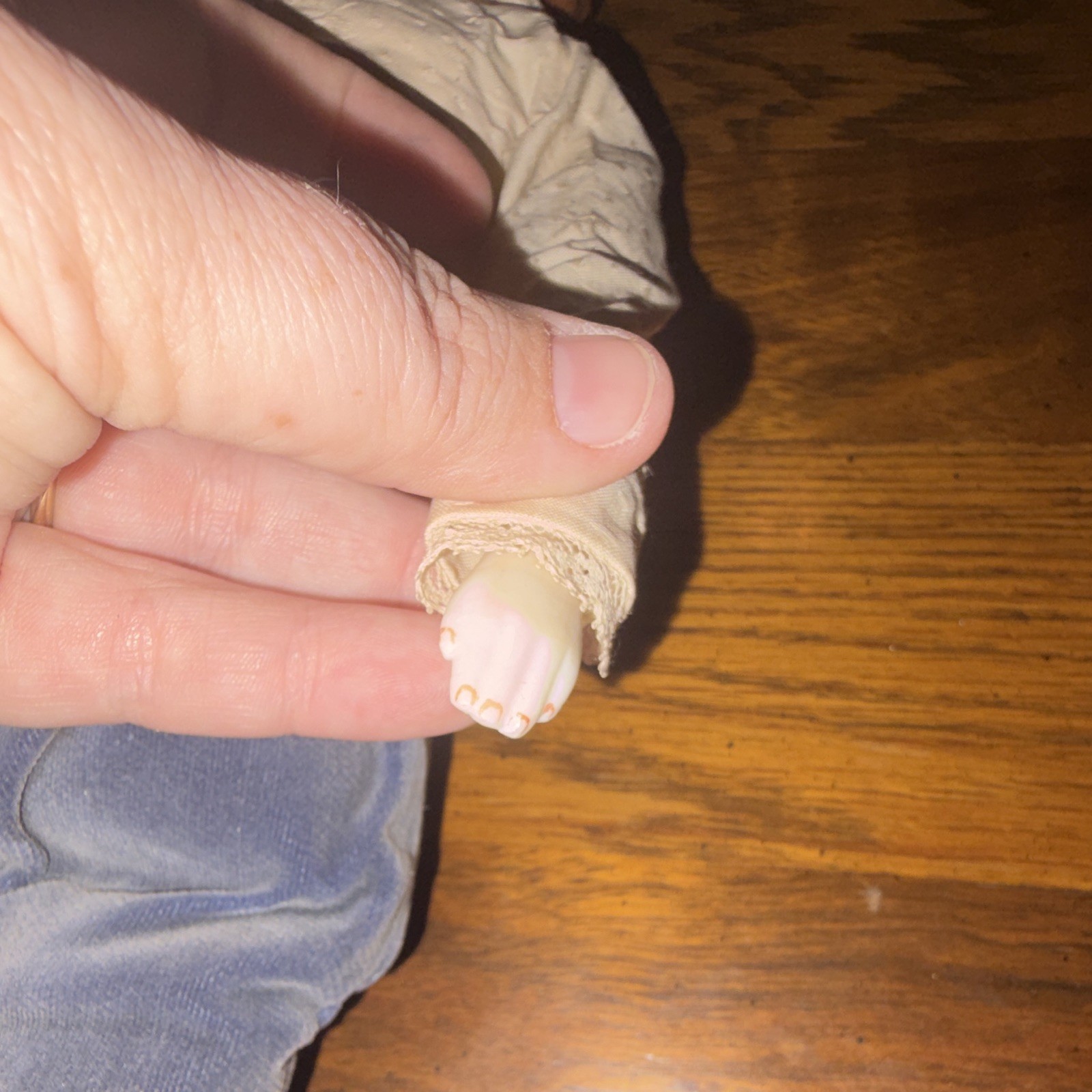 Porcelain Doll Light Complexion Brown Curly Hair White Shirt Blue Pants Boots