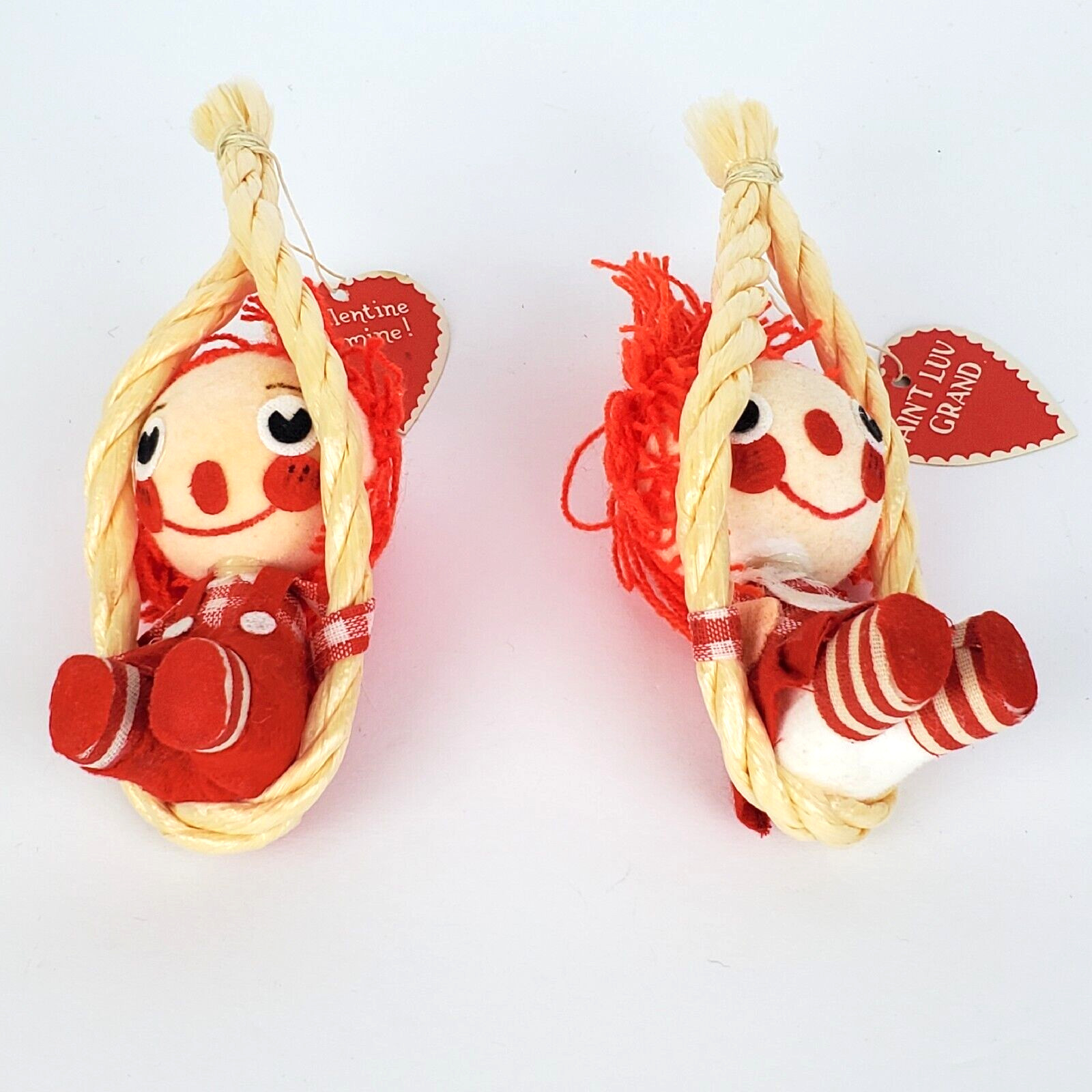 Vintage Boy and Girl Rag Doll on Rope Swings Valentines Ornaments Decor 5″