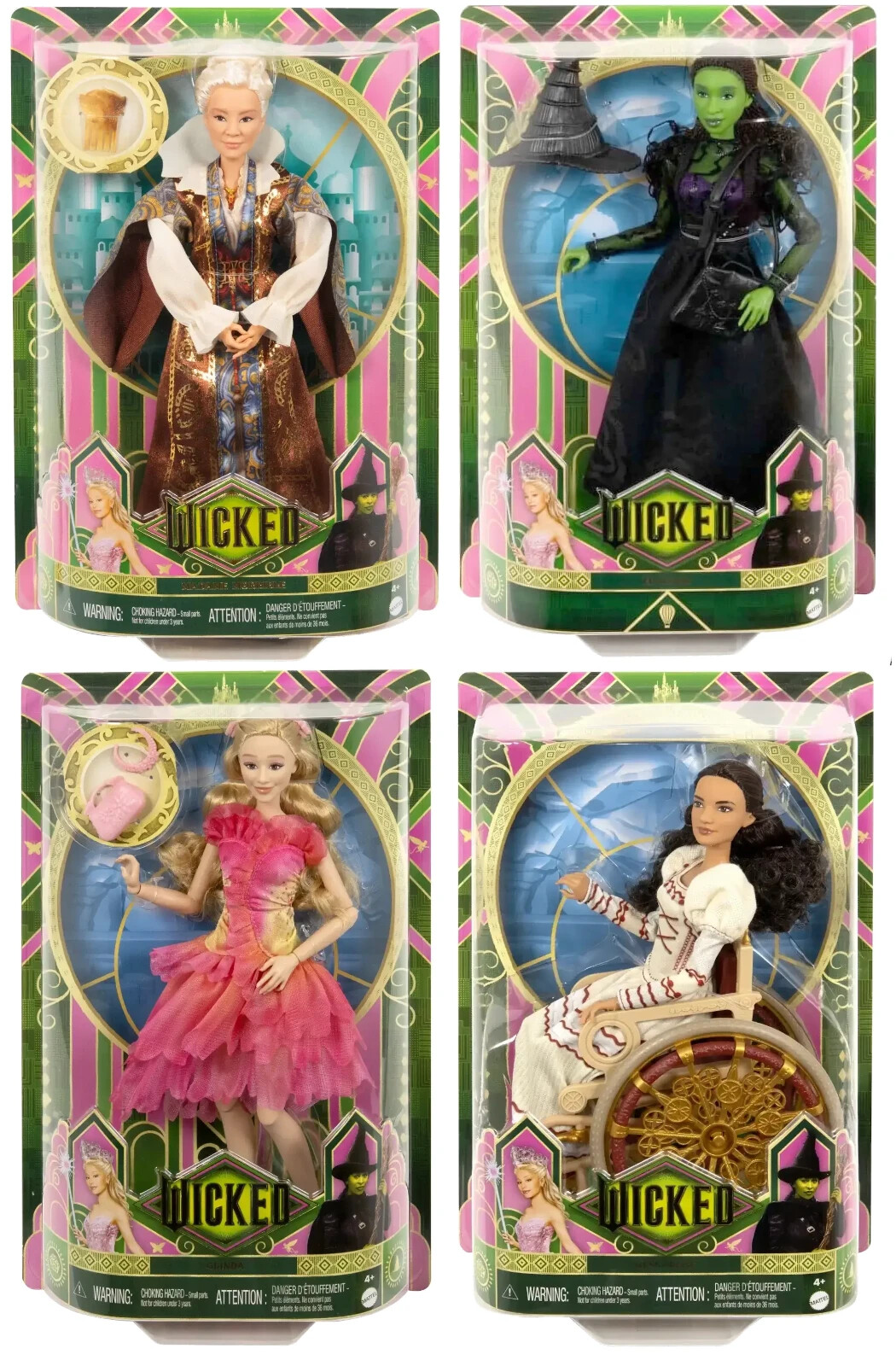 Wicked Movie 4-Pk Madame Morrible, Glinda, Nessarose & Elphaba Dolls by Mattel🆕