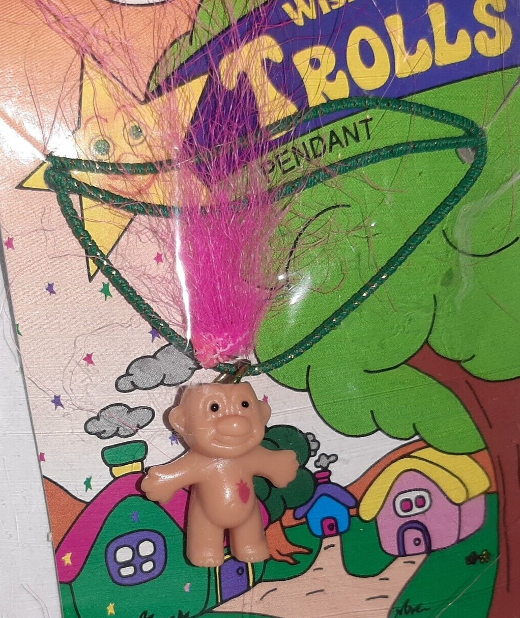 Vintage Wishing Star Troll Doll Necklace Good Luck PINK Hair 2″ NEW Bingo Charm