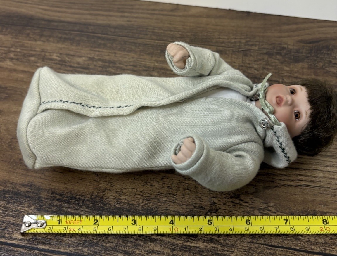 Ashton Drake 8” Boy Doll Bendable Limbs Dark Brown Hair Gray Coat Wrap