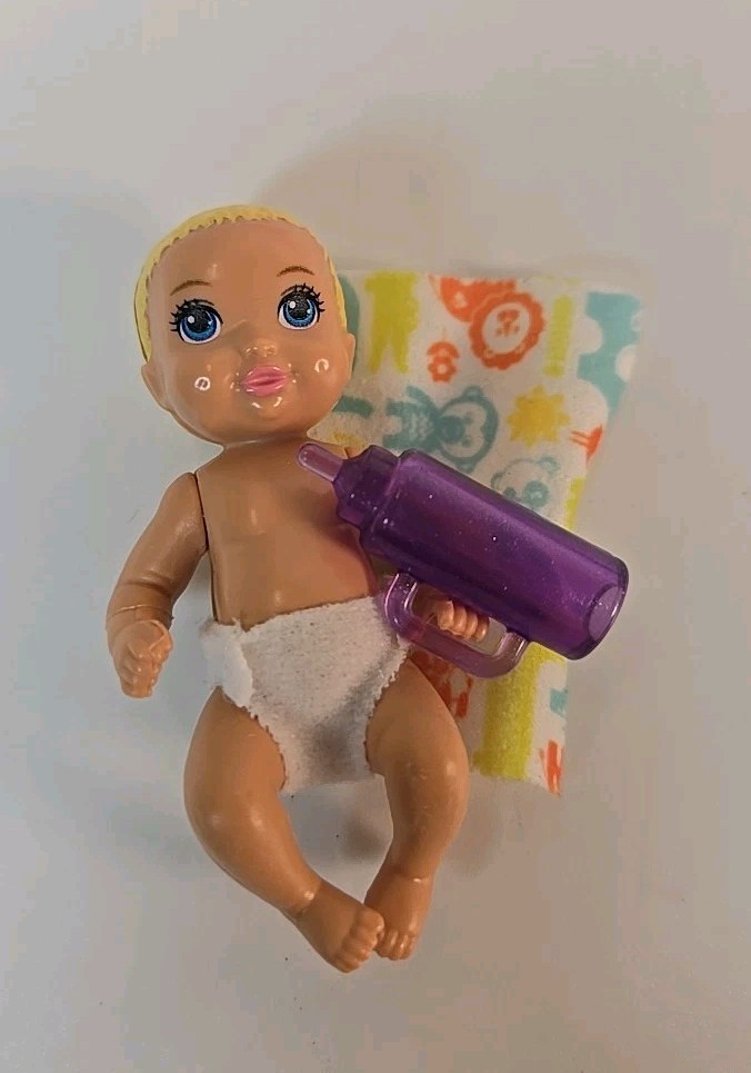 Barbie Blonde Baby Mini Figure Moving Extremities Toddler Doll Bottle Blanket
