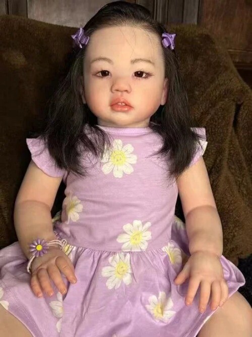 28in Finished Reborn Baby Doll Asian Girl Toddler Hand-Rooted Hair w/ Cloth Body