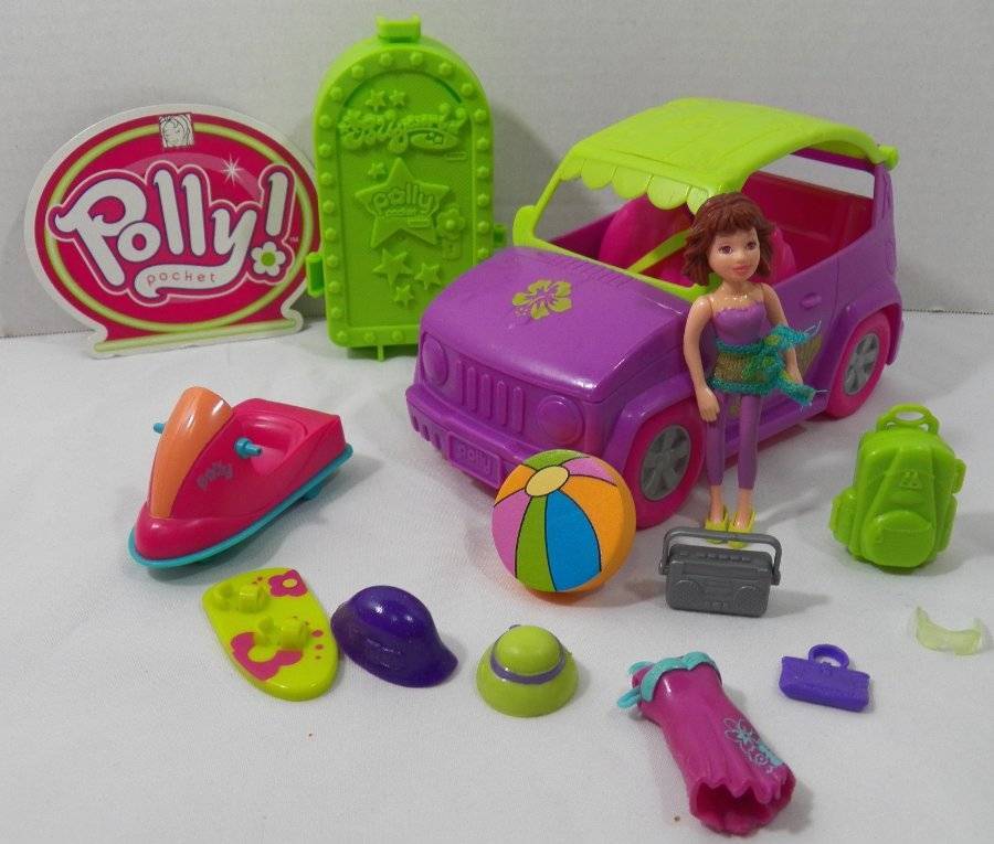 ~Mattel~ Polly Pocket Beach Day Purple Vehicle Car, Doll & Accessories