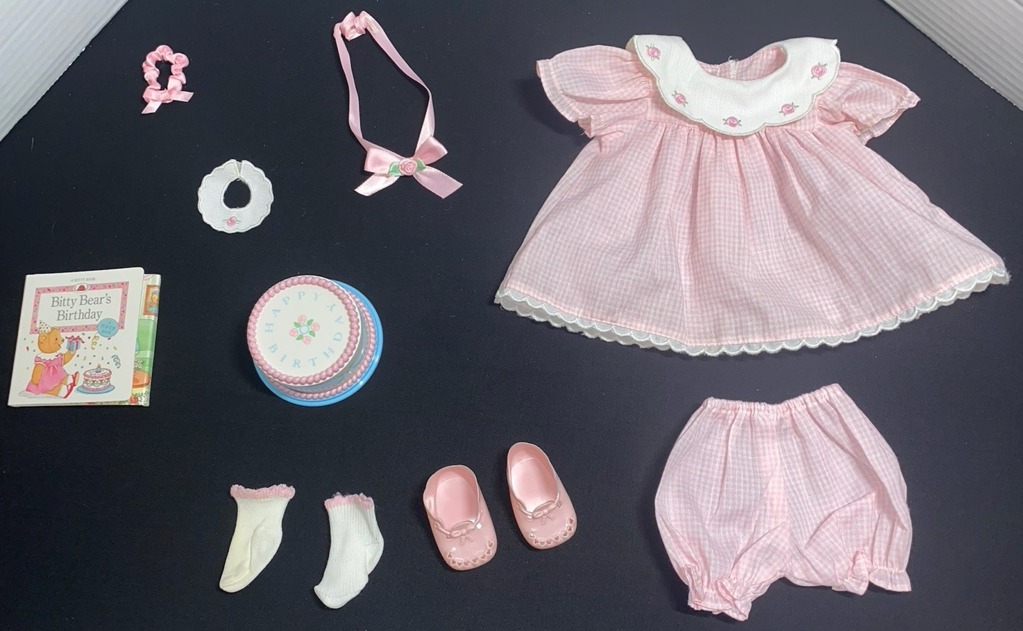 AMERICAN GIRL BITTY BABY DOLL HAPPY BIRTHDAY OUTFIT DRESS CAKE PINK SHOES BOOK