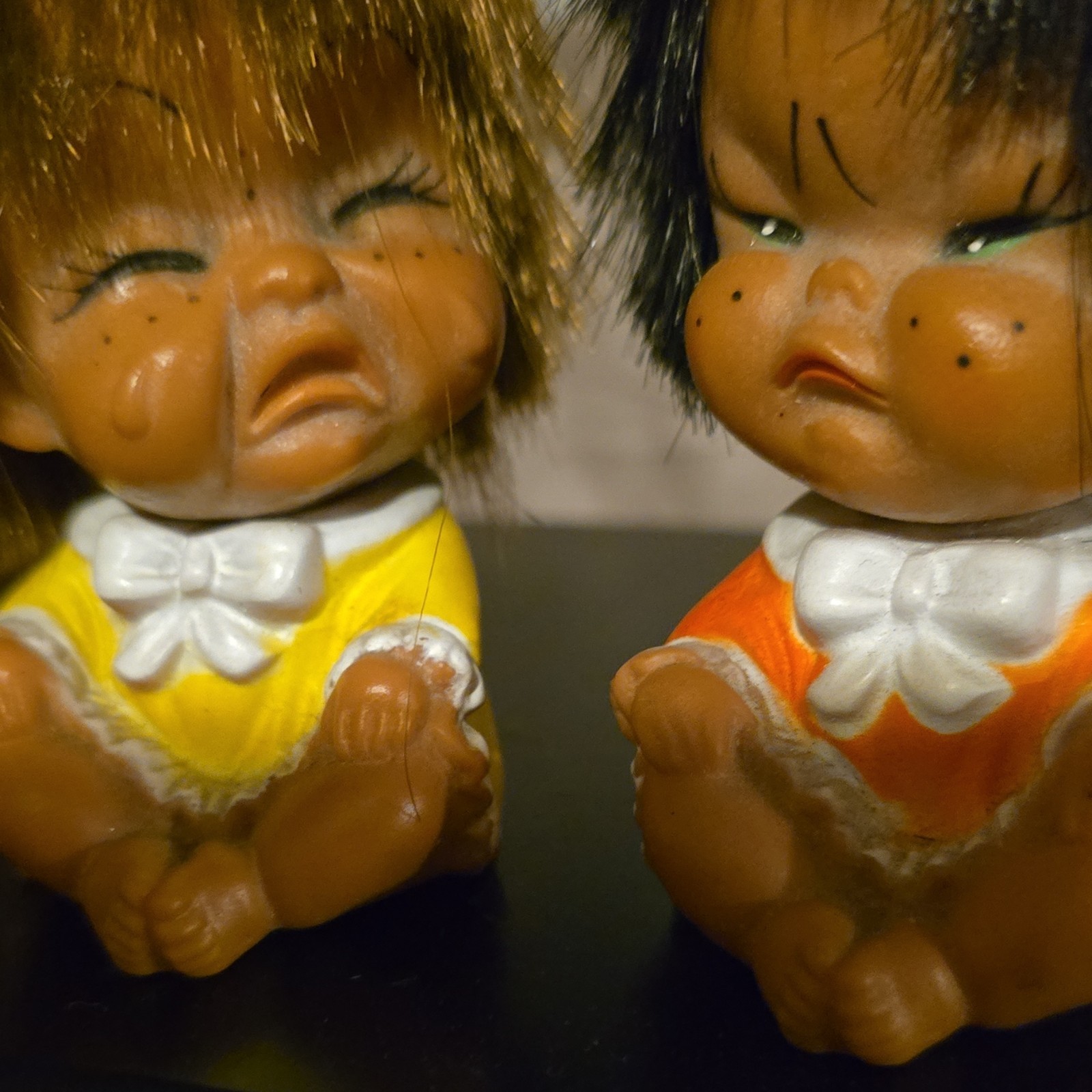 Lot of 2 Small Seated Crying Baby Dolls Dark Complexion Brown/Black Hair