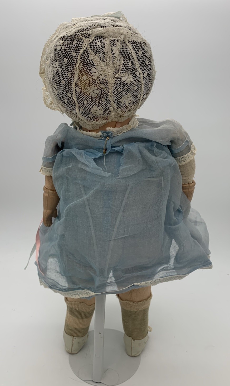 Vintage 20” Unmarked Composition Toddler Doll Cloth Body Blue Dress