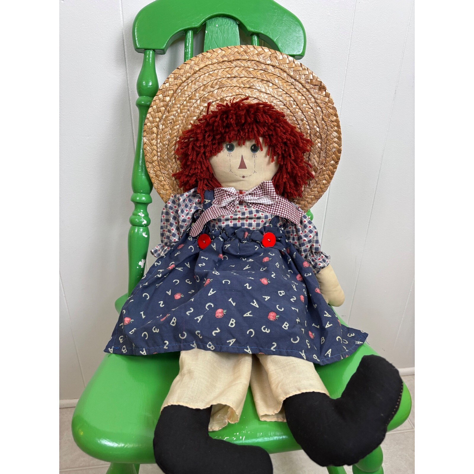 Vintage Handmade Rag Doll Country-core Decor Straw Hat ABC Dress 28″Decor