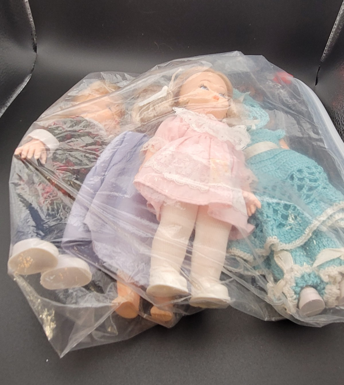 Vintage Doll Lot of 4 – Crochet Dress, Plaid Outfit, Pink Dress 4-6″ Vinyl Dolls