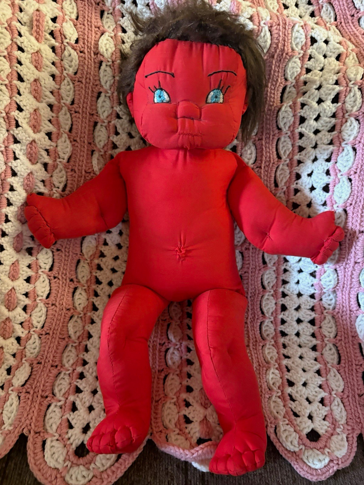 Red Cloth Rag Doll Brown Curly Yarn Hair Blue Eyes Soft Body VINTAGE