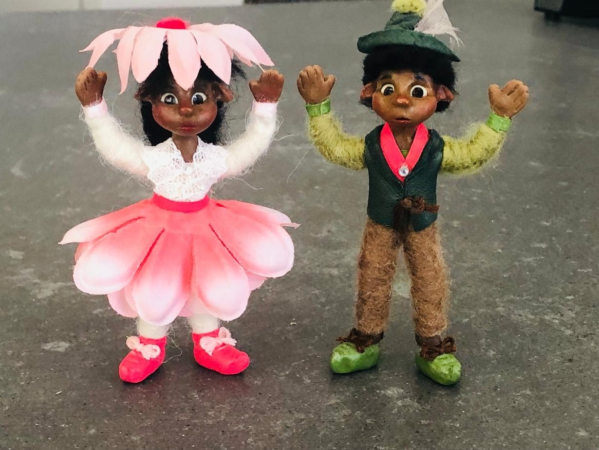 RESERVED FOR TERRI-Two 3 1/2″ Posable Fairy Tale Woodland Elf Flower Child Dolls