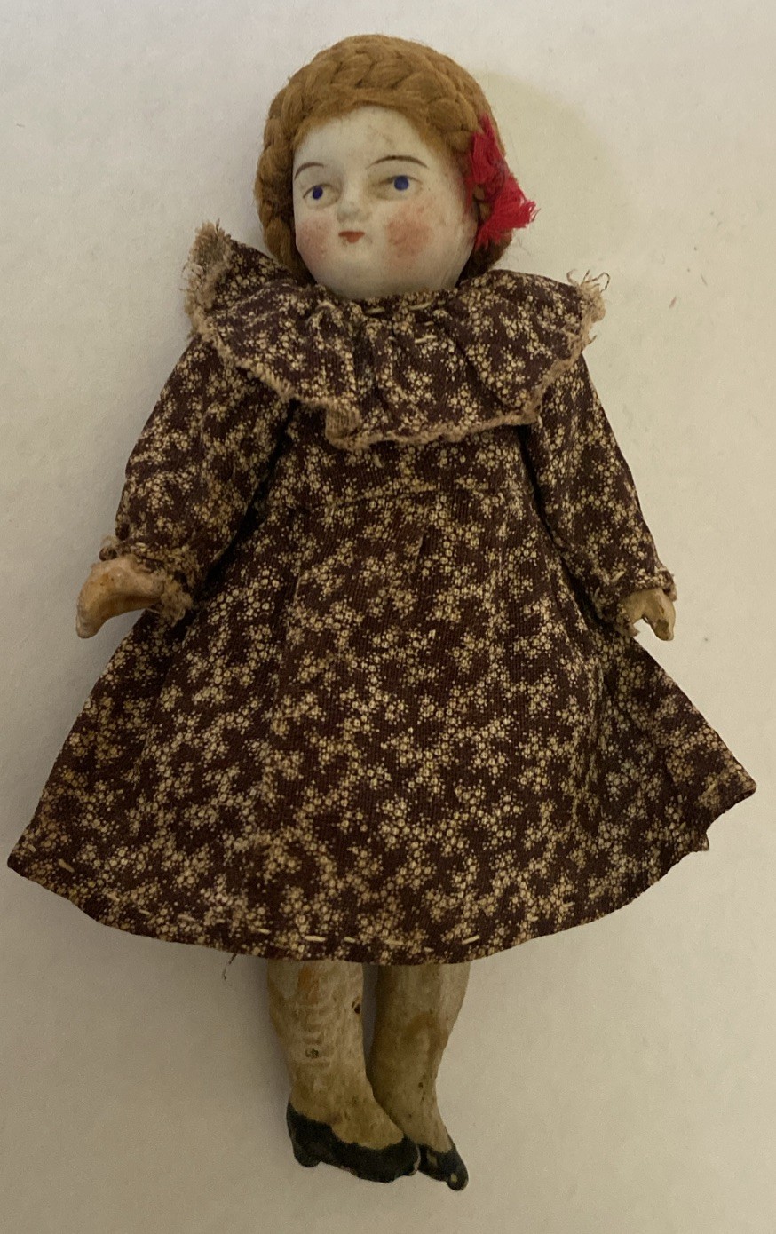 Antique 5” Bisque Head Doll INCREDIBLE Braided Mohair ? HAIR / HAT MARKED “0”?