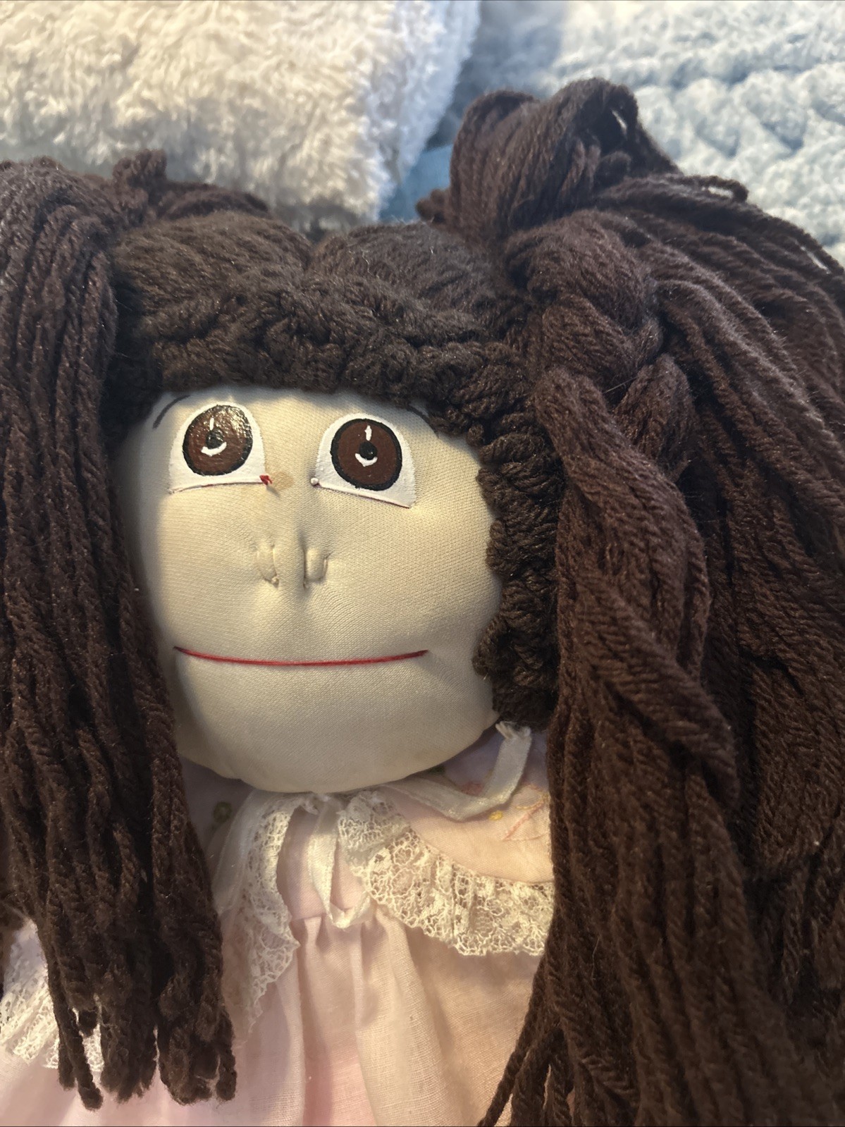 Vintage Handmade Cloth 21″ Cabbage Patch Like Doll Brown Yarn Hair Collectible