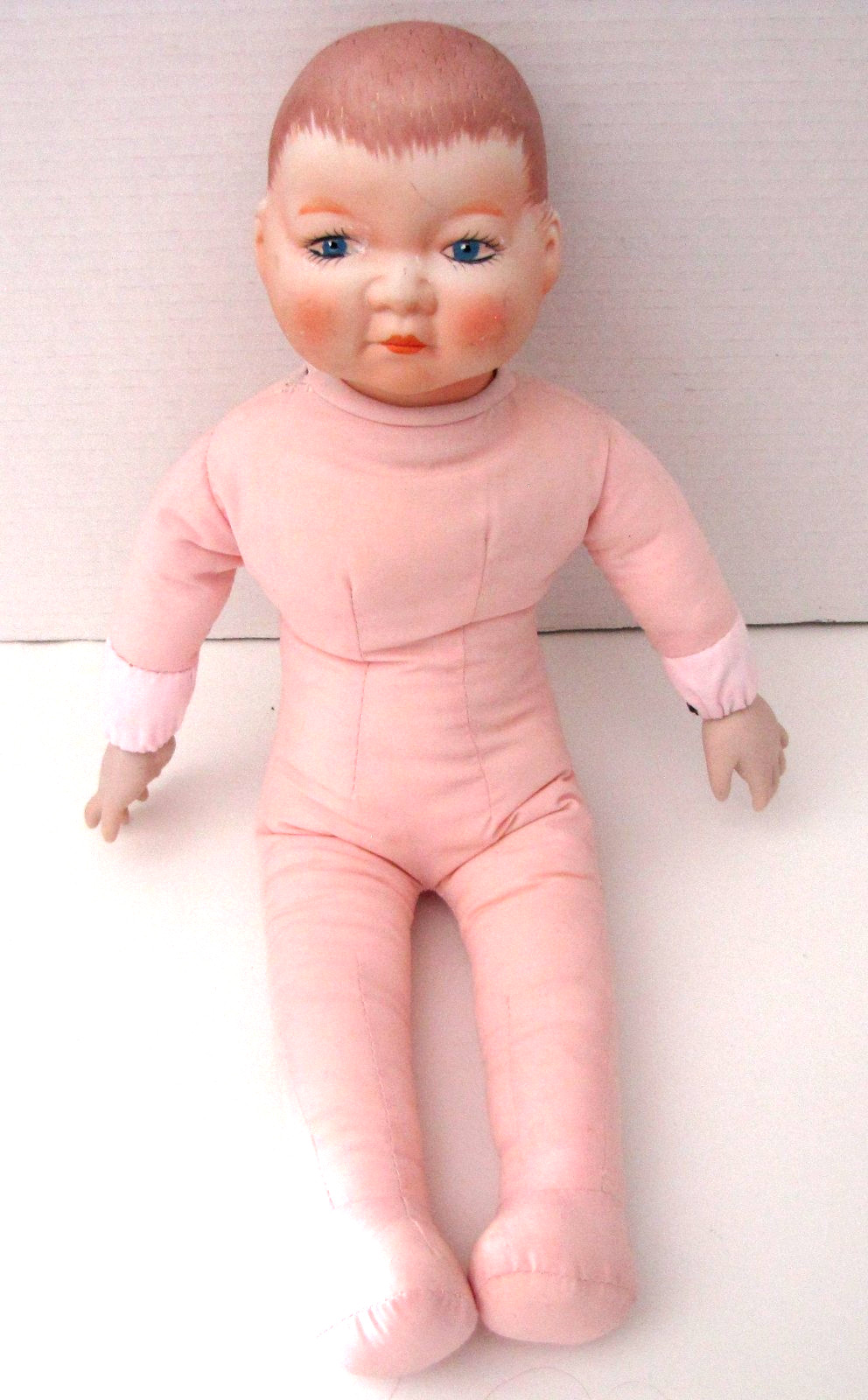 Vintage Bisque Shoulder Head Baby Doll Cloth Body Painted Blue Eyes 17in