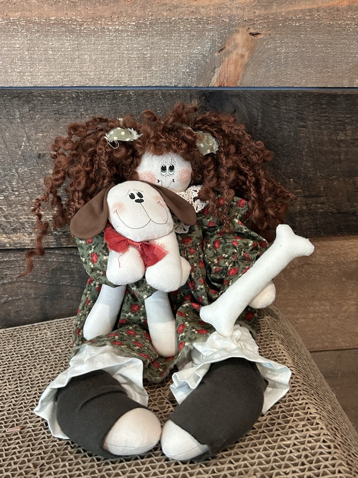 Vintage Handmade Doll With Puppy & Bone Country Farmhouse