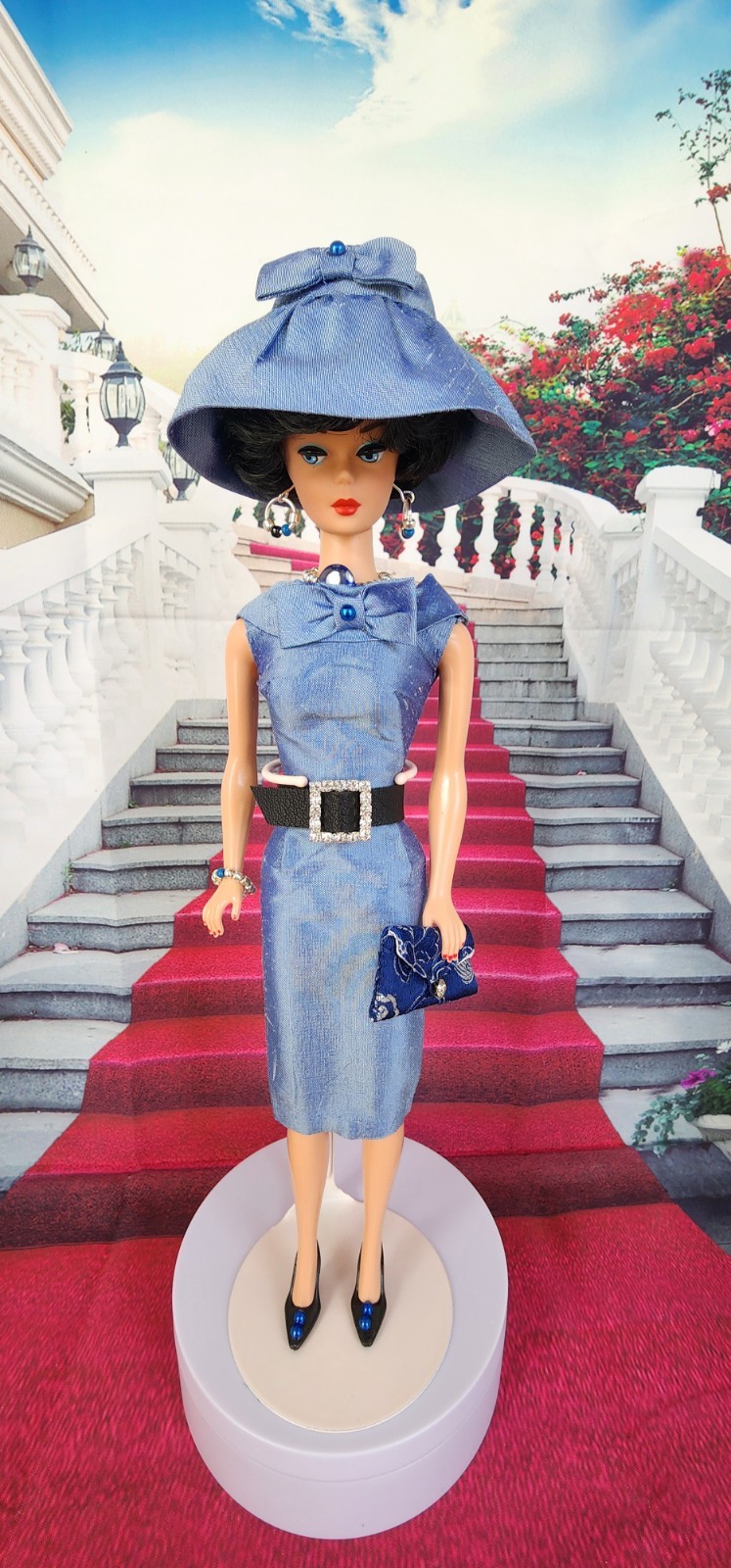 HANDMADE FOR BARBIE DOLL CLOTHES BLUE SATIN SHEATH DRESS SET
