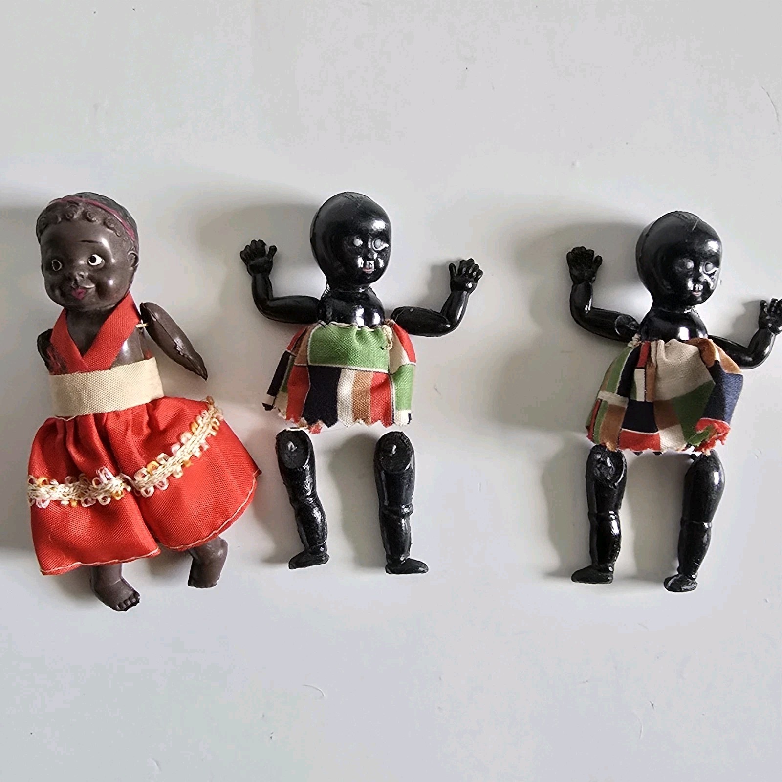 Vtg Lot 3 Black Miniature Souvenir Dolls Jointed Celluloid Plastic Japan 1930s
