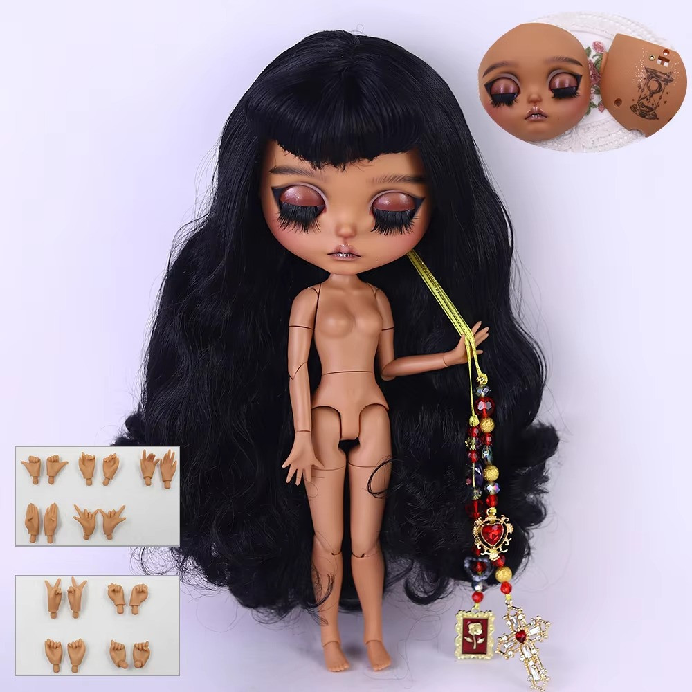Classic Bridal Inspired Neo Blythe OOAK Custom Matte Face Black Skin Hand-makeup