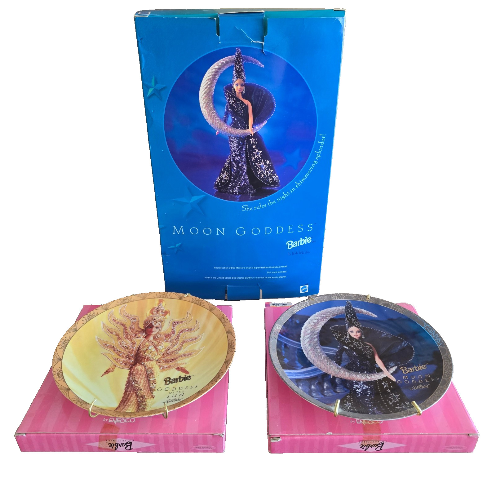 Bob Mackie Barbie Sun & Moon Goddess Dolls & Collector Plates Lot Enesco Display