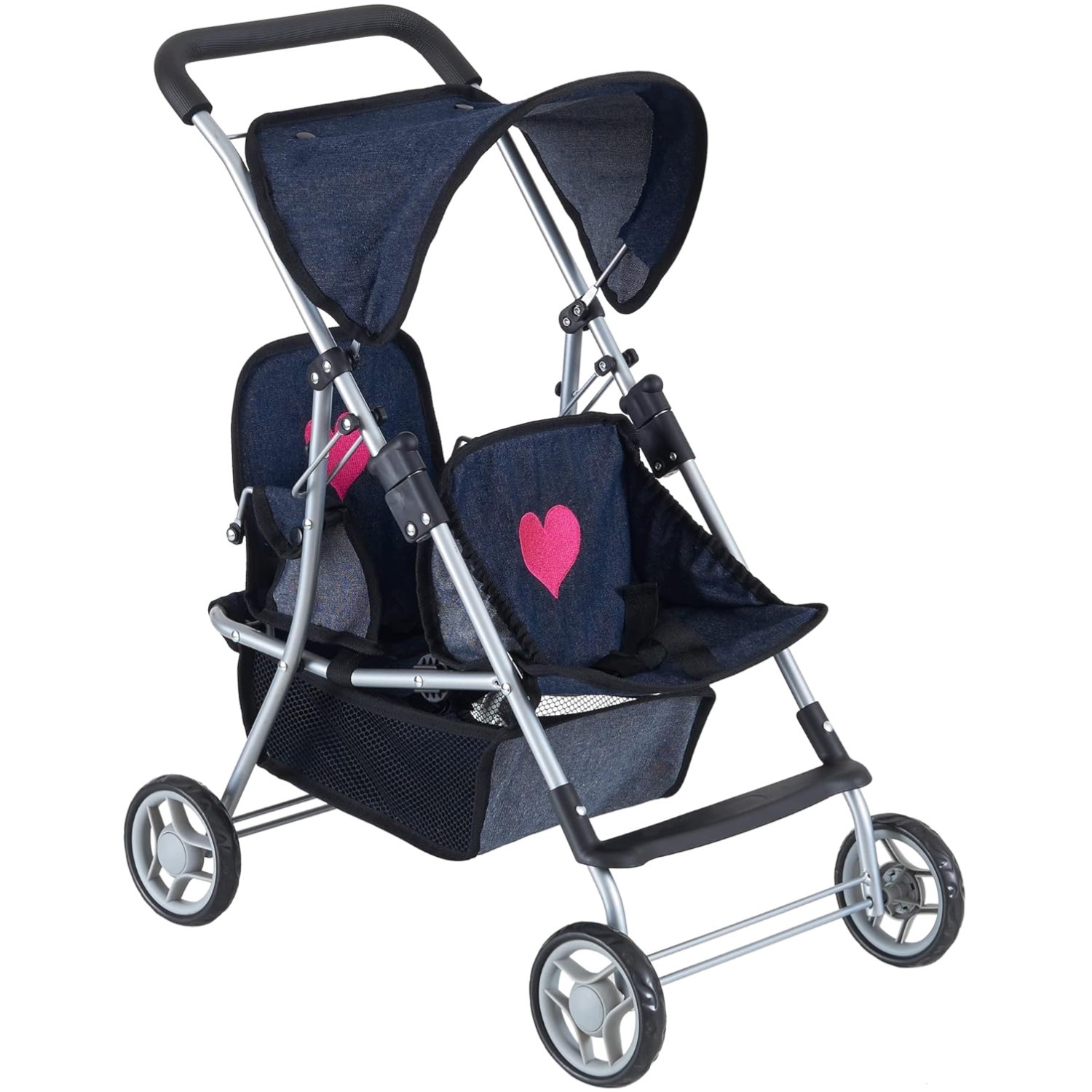 First Twin Stroller in Denim Blue with Pink Hearts – Perfect Gift for Toddlers