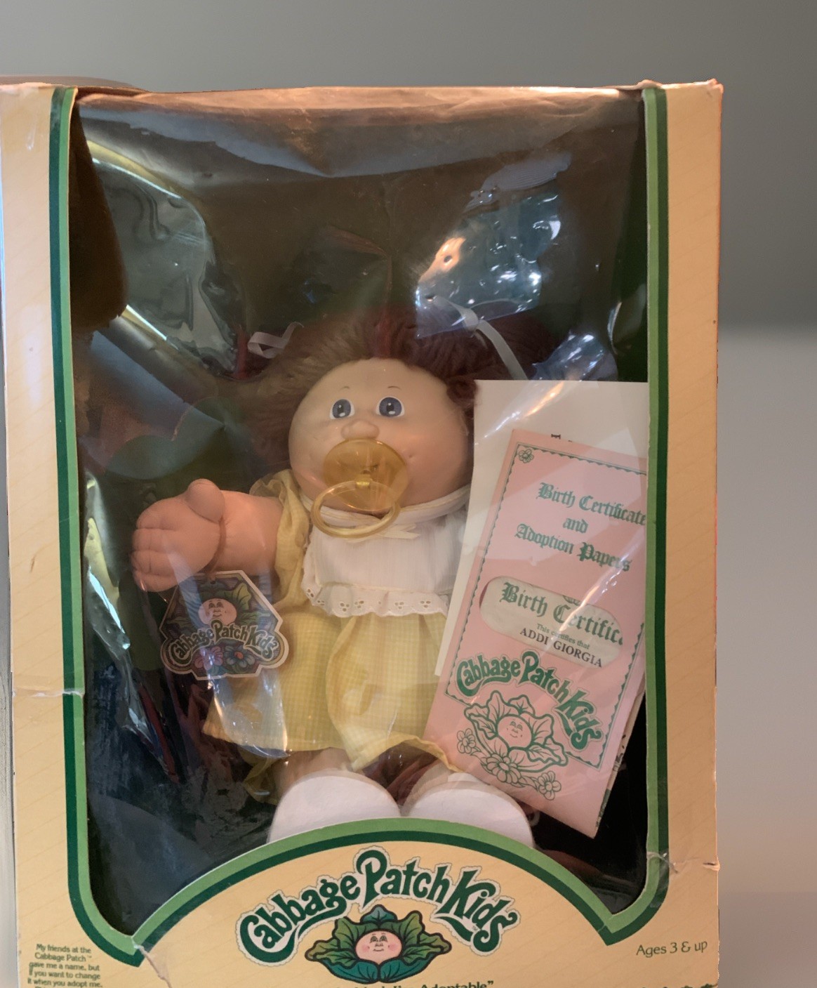 1983 Coleco Cabbage Patch Kid Girl Brown Yarn Side Pigtails In Box Papers Blue