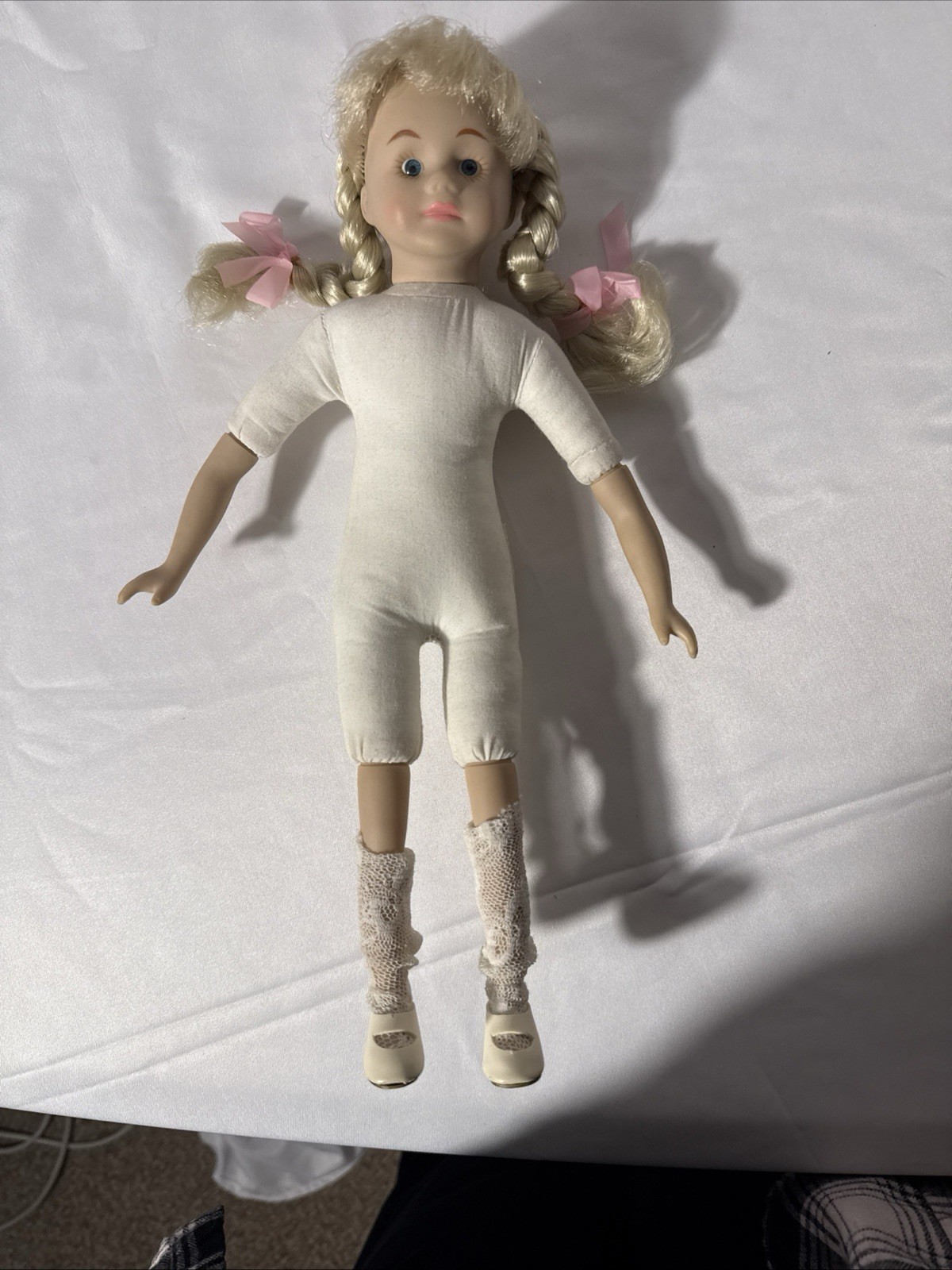 Fibre Craft 13 Inch No. 3397 Porcelain Look Doll Soft Body Blonde Braided Hair