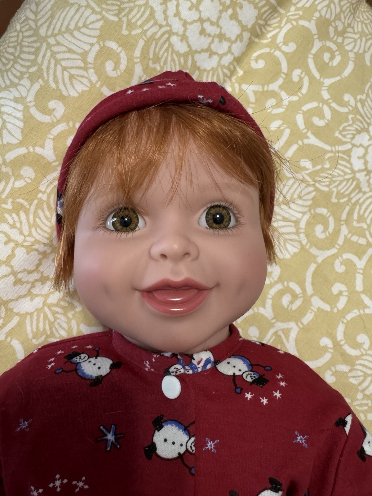 My Twinn Red Hair Baby Doll Brown Eyes in Red Snowman Sleeper Pajamas Hat