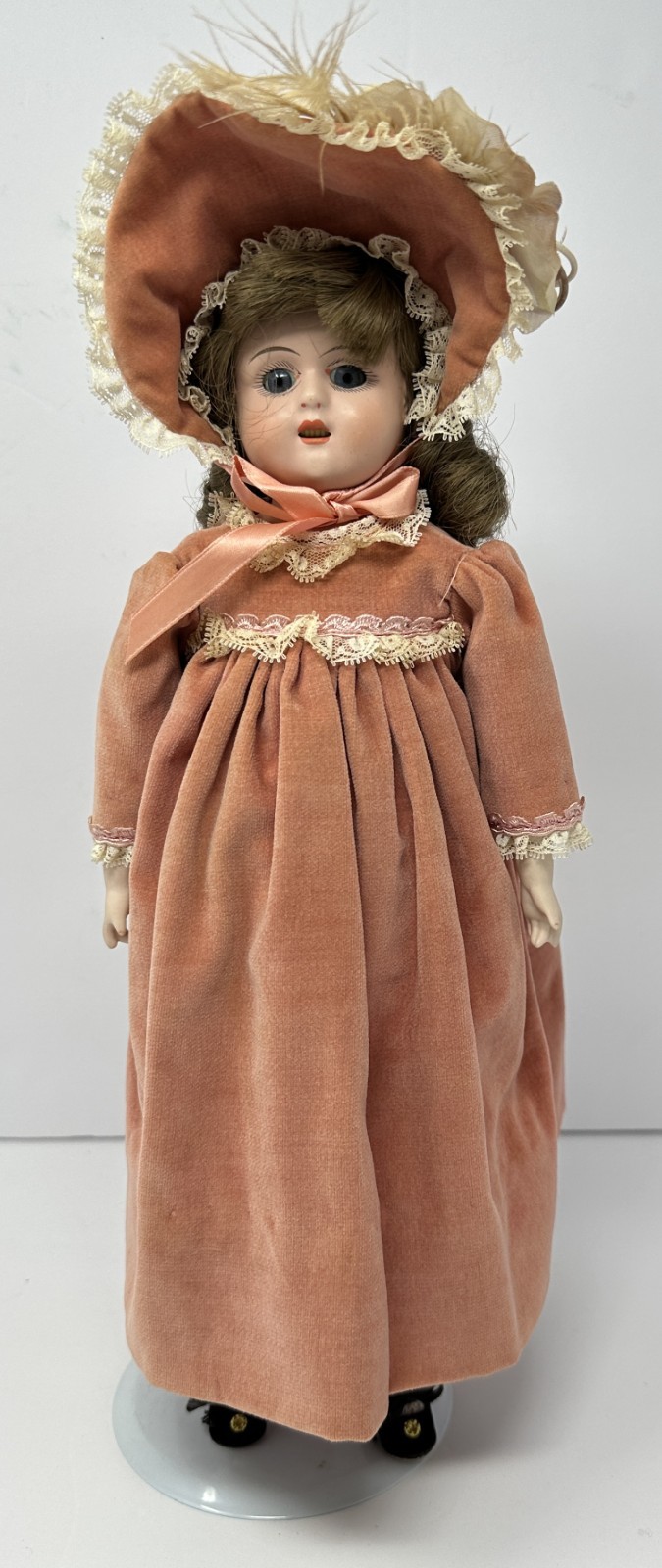 Vintage Germany Number 1 Doll Tin? Head Cloth Body in Peach Outfit & Bonnet 15”