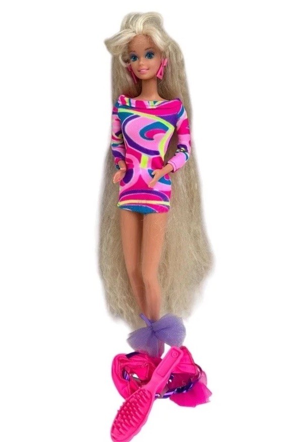 1991 Totally Hair Barbie #1112 Blonde Doll Dress Earrings Long Crimped Hair