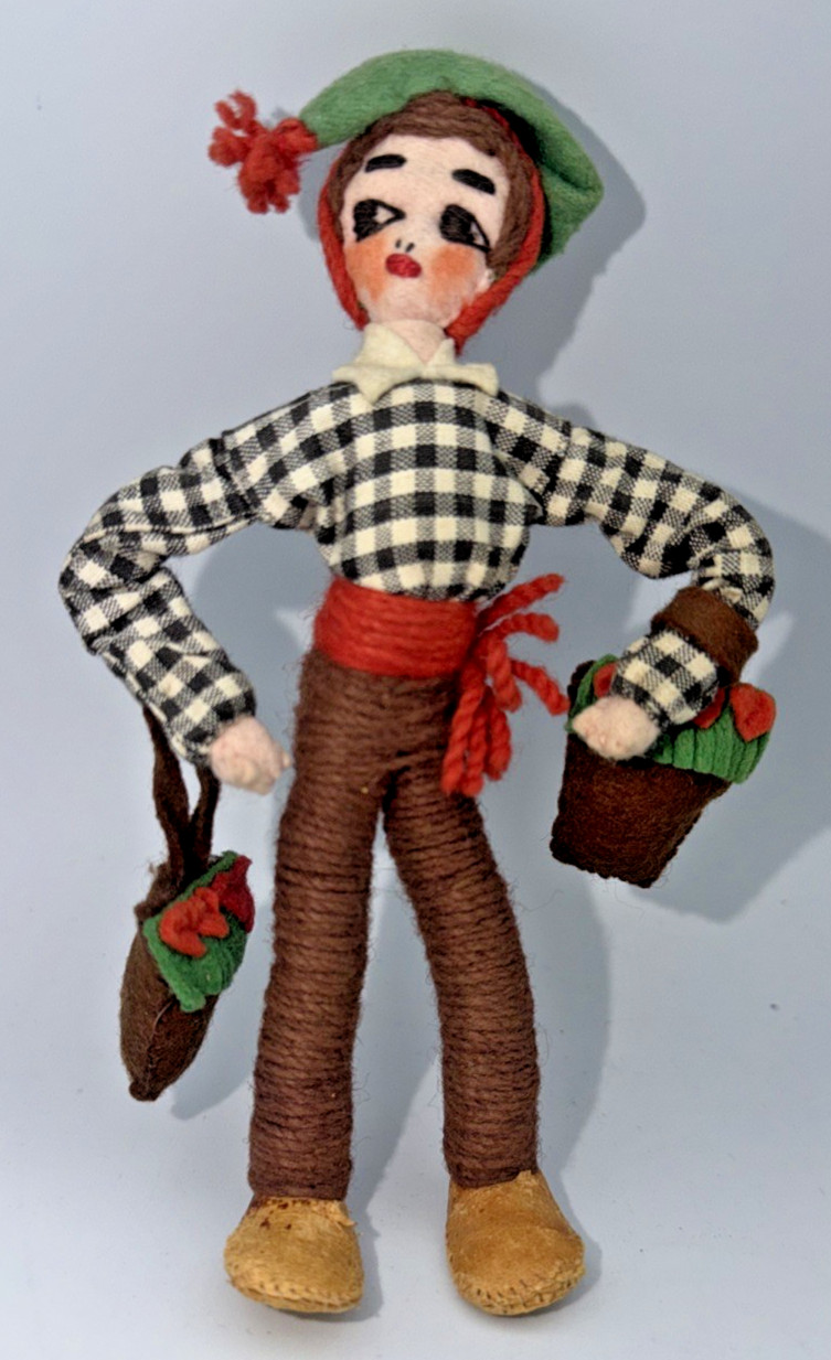 50s/60s Handmade Souvenir Cloth Doll MARIA HELENA Peasant Girl Flower Baskets