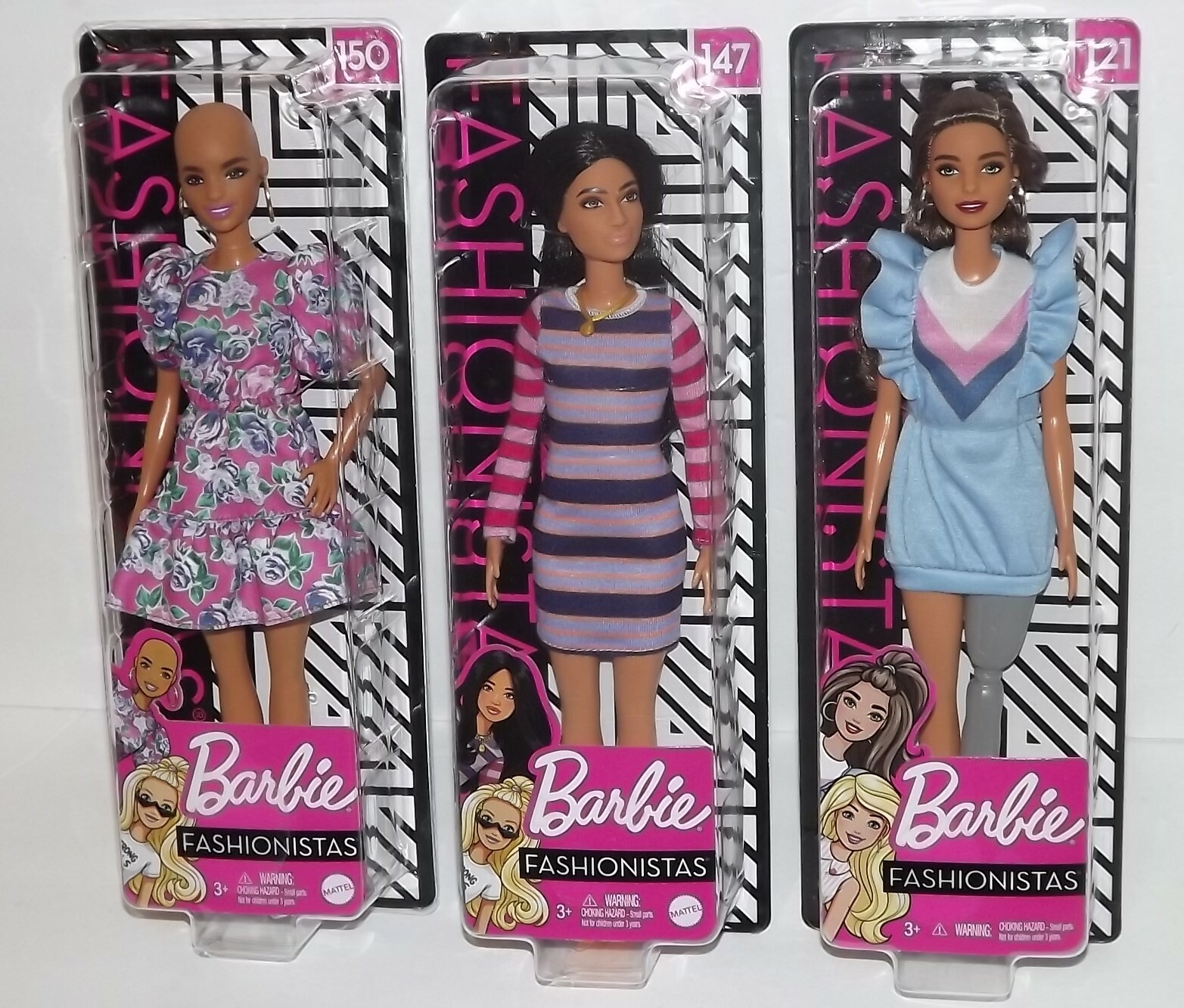 Lot of 3 BARBIE FASHIONISTAS 121 Prosthetic Leg 147 brunette 150 Bald Head New