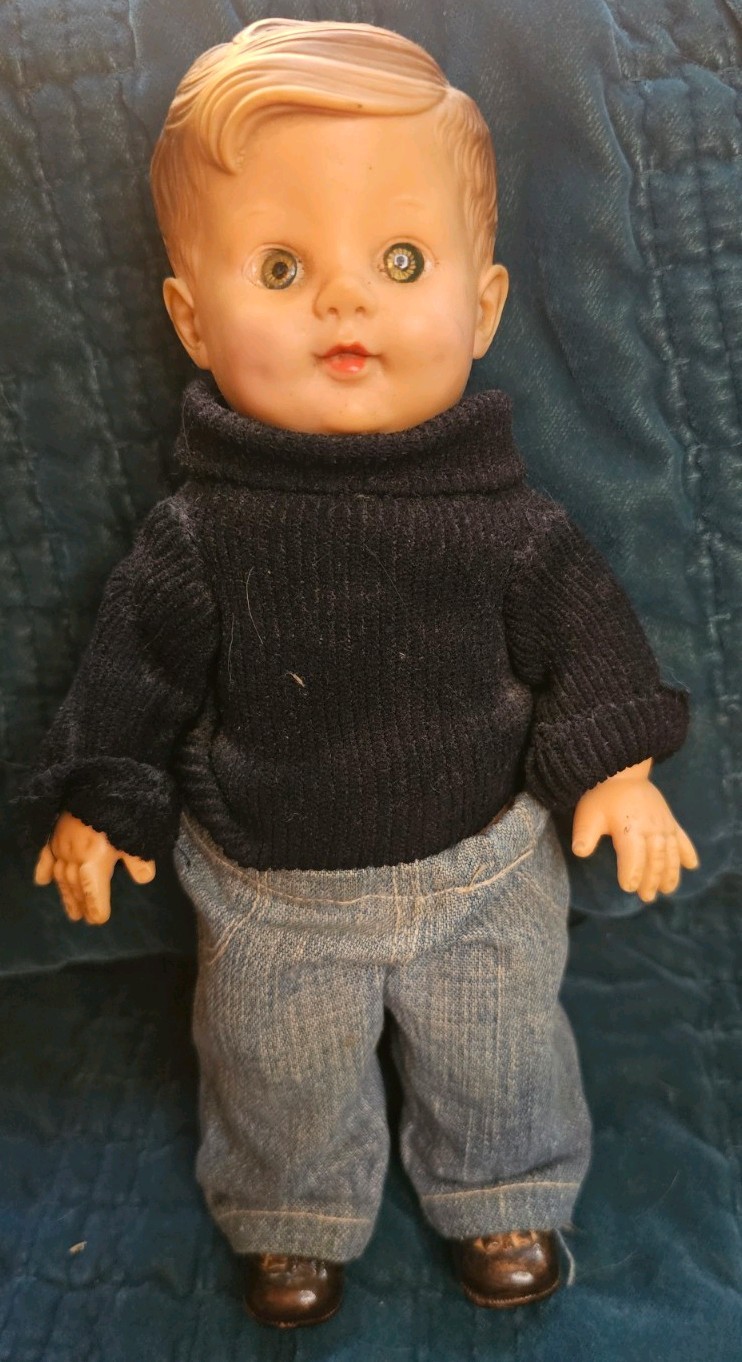 Vintage 10 Inch Boy Doll Light Brown Hair Blue Eyes Plastic Body