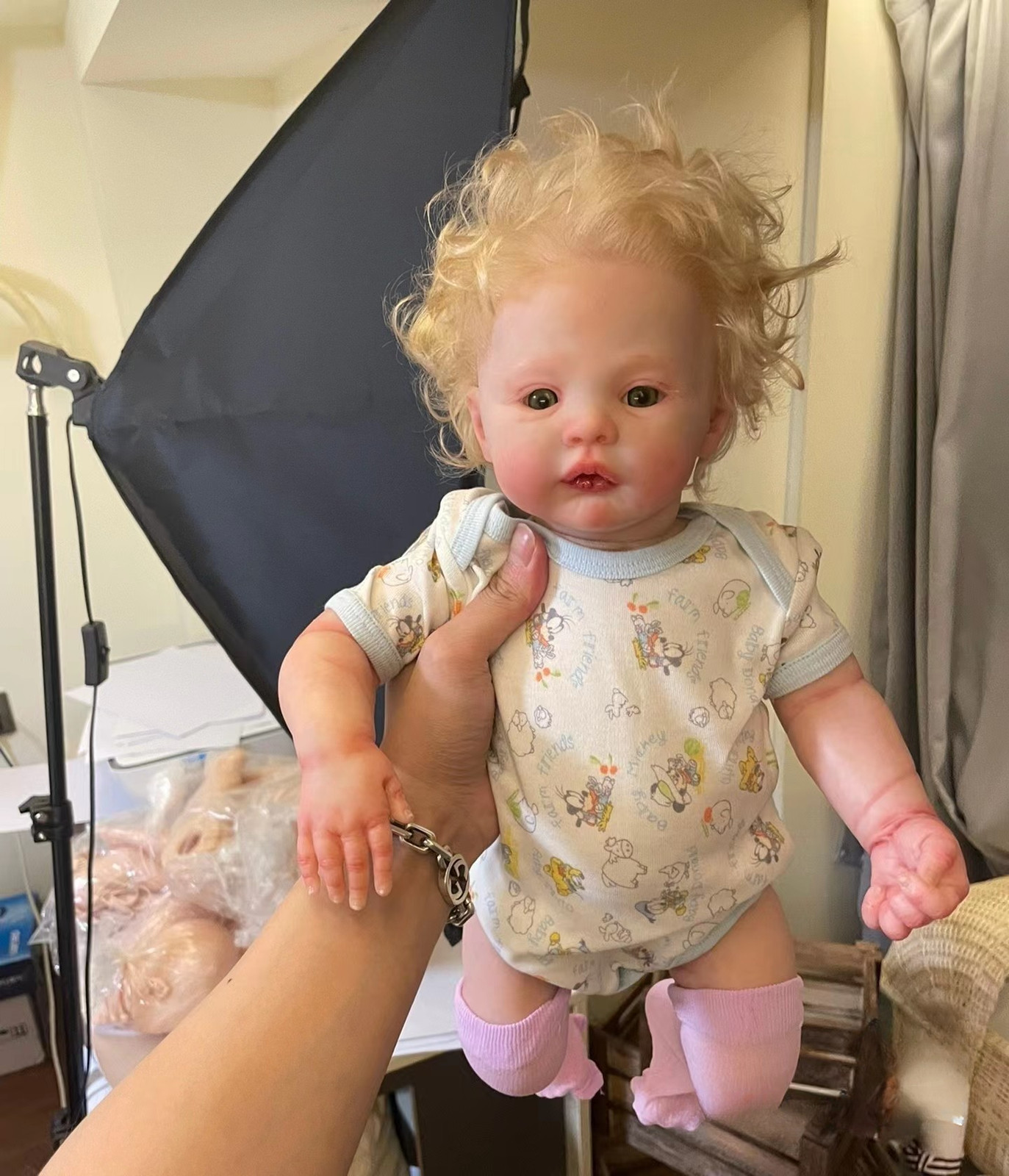 DIY 17in Painted Reborn Baby Doll Lifelike Finished Soft Cloth Body Rooted Hair