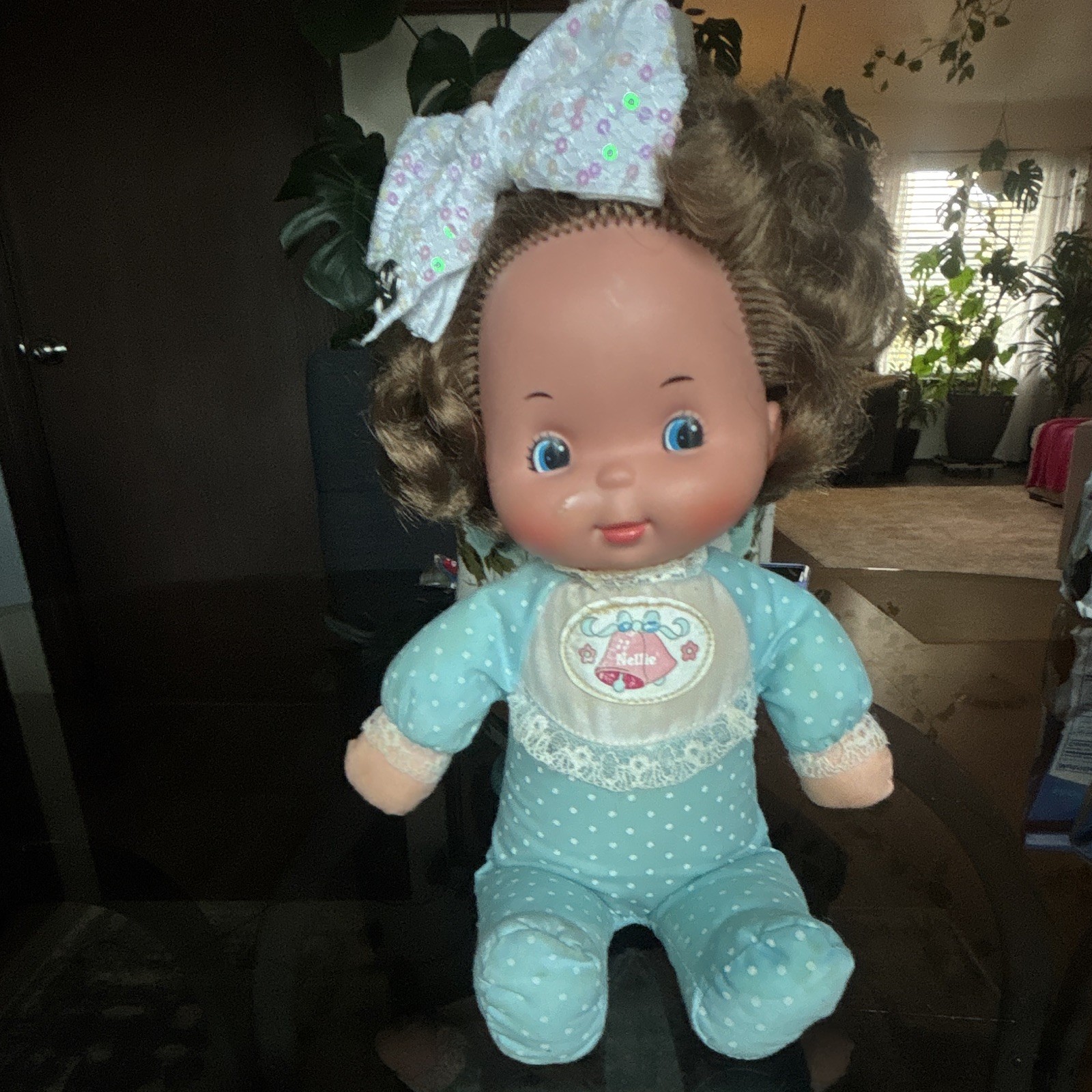 Nellie Soft Body Baby Doll 1981 Blue Eyes Brown Curly Hair Cloth/Plastic Outfit