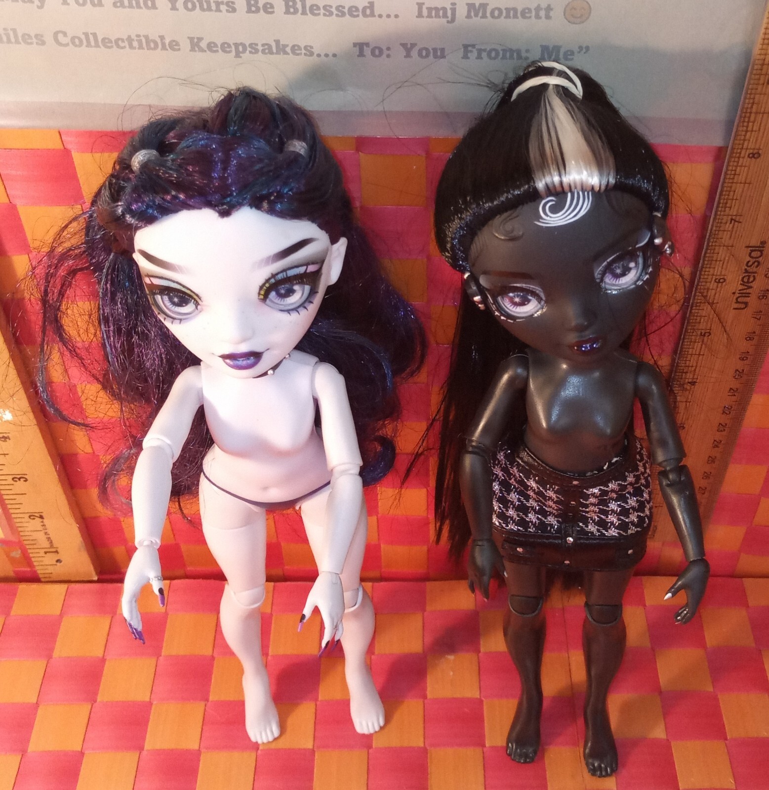 Dolls, 2 pcs, 10″h, both 2022, pale white and deep black ghoul-like girl dolls b