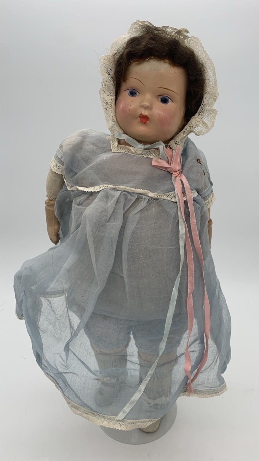 Vintage 20” Unmarked Composition Toddler Doll Cloth Body Blue Dress