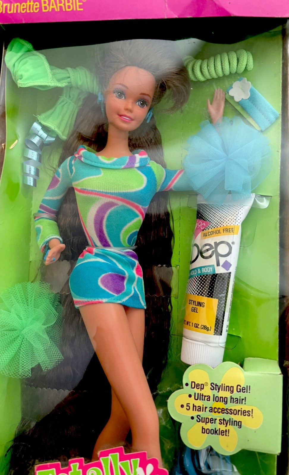 Mattel Totally Hair Barbie Brunette Doll 1991 with Accessories Original Box