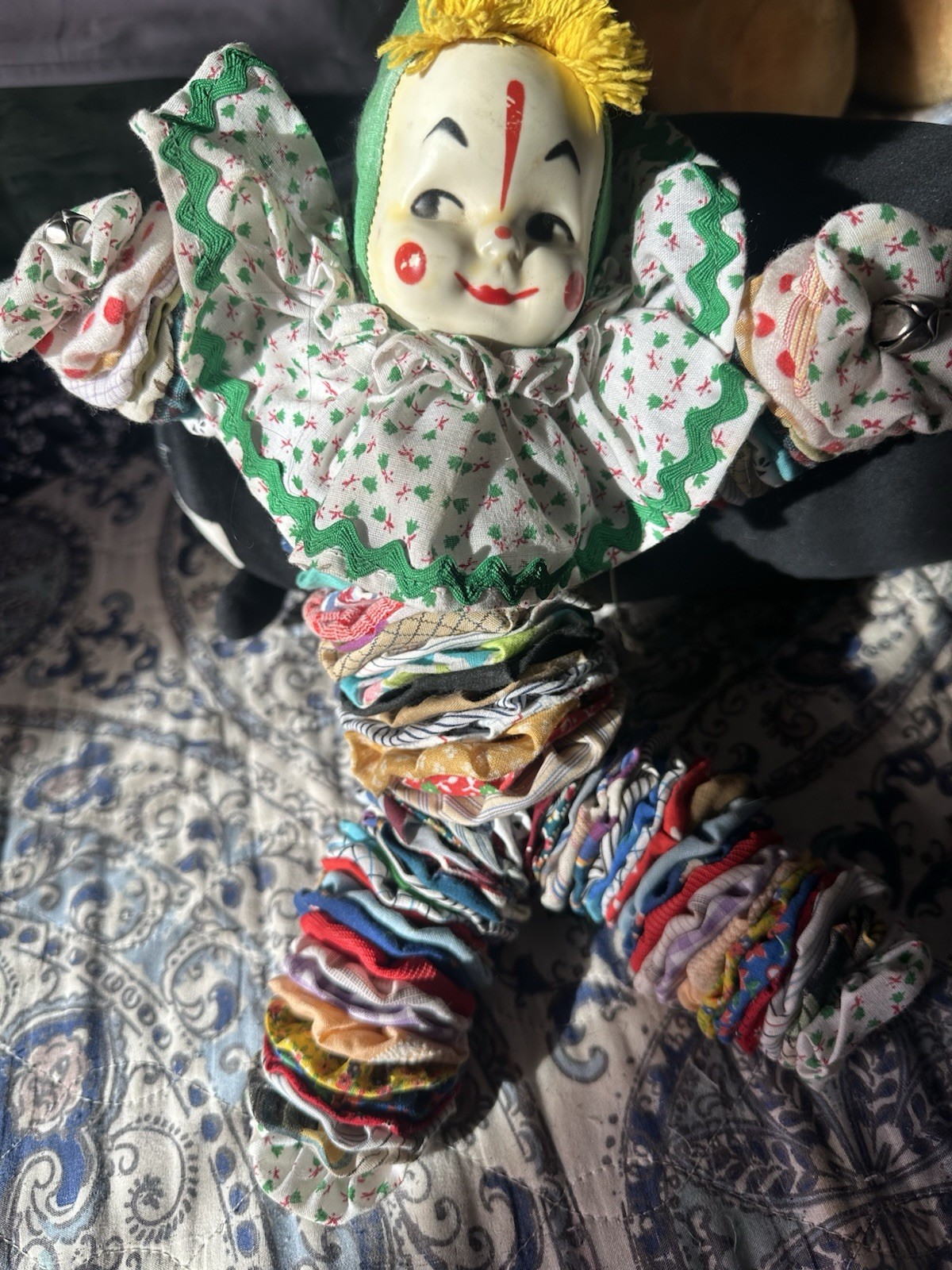 Vintage Yo-Yo Clown Pixie Elf Doll Fabric Circles Plastic Face Color