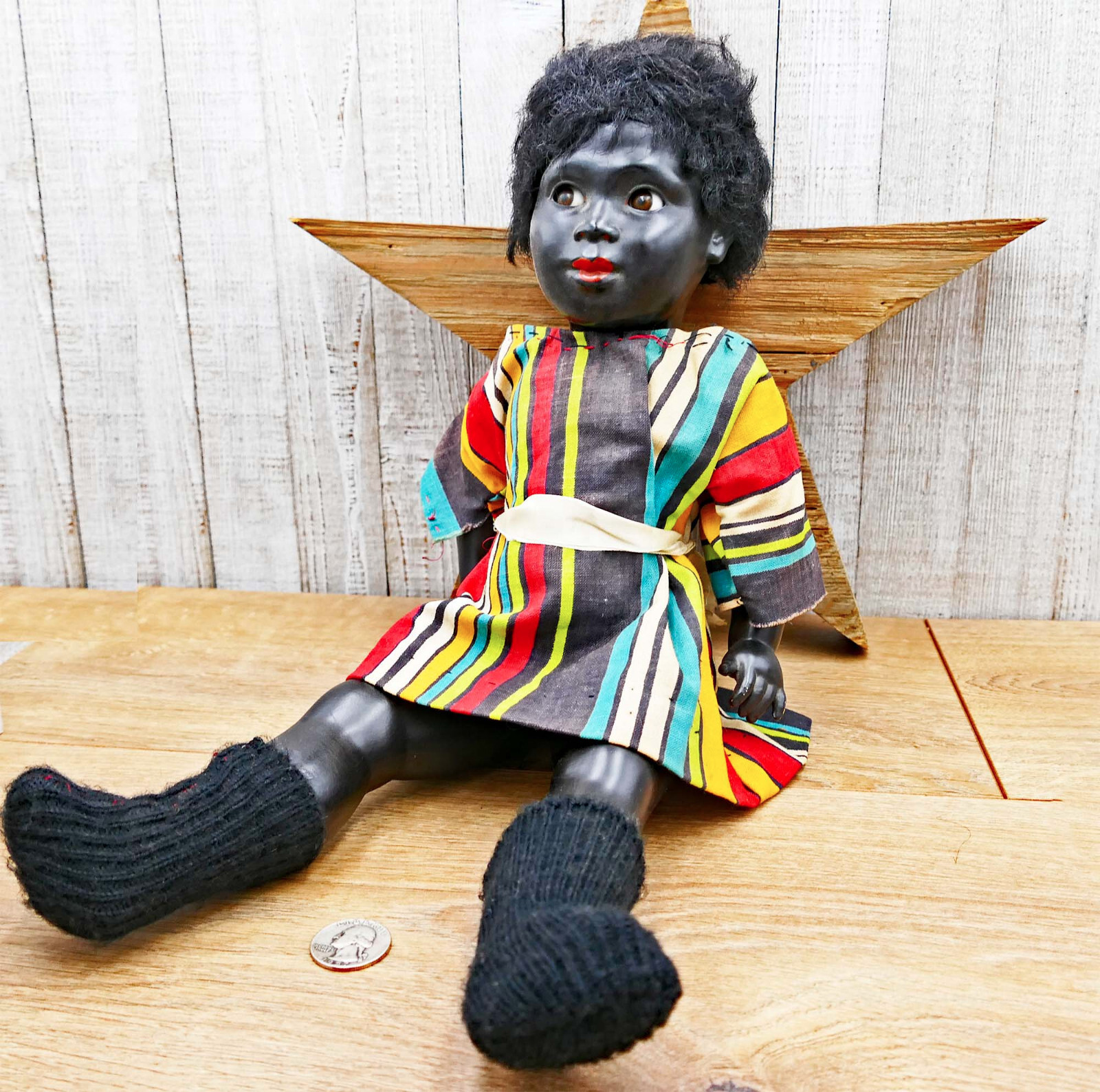 Black Hard Plastic Doll 18″ African American ca 1950s Glass Eyes Primitive Dress