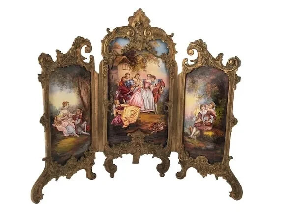 Antique Doll Austrian Enamel gold dore bronze three panel Screen