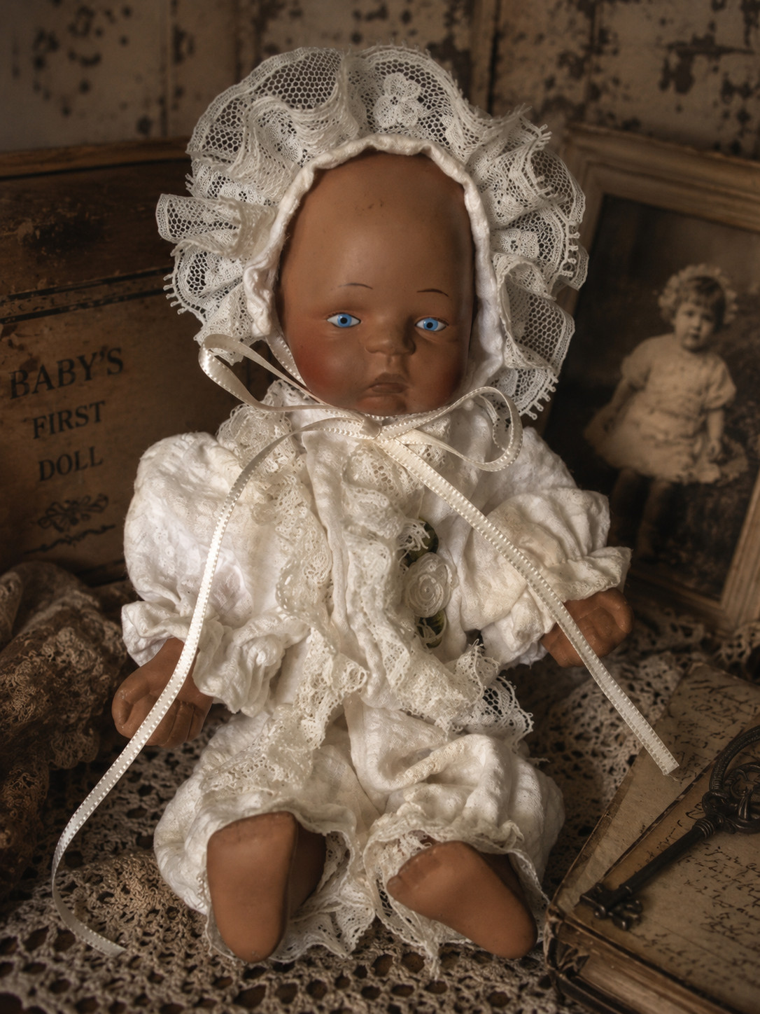 Vintage African American Bisque Baby Doll 6″ Tall Lace Outfit & Bonnet #517
